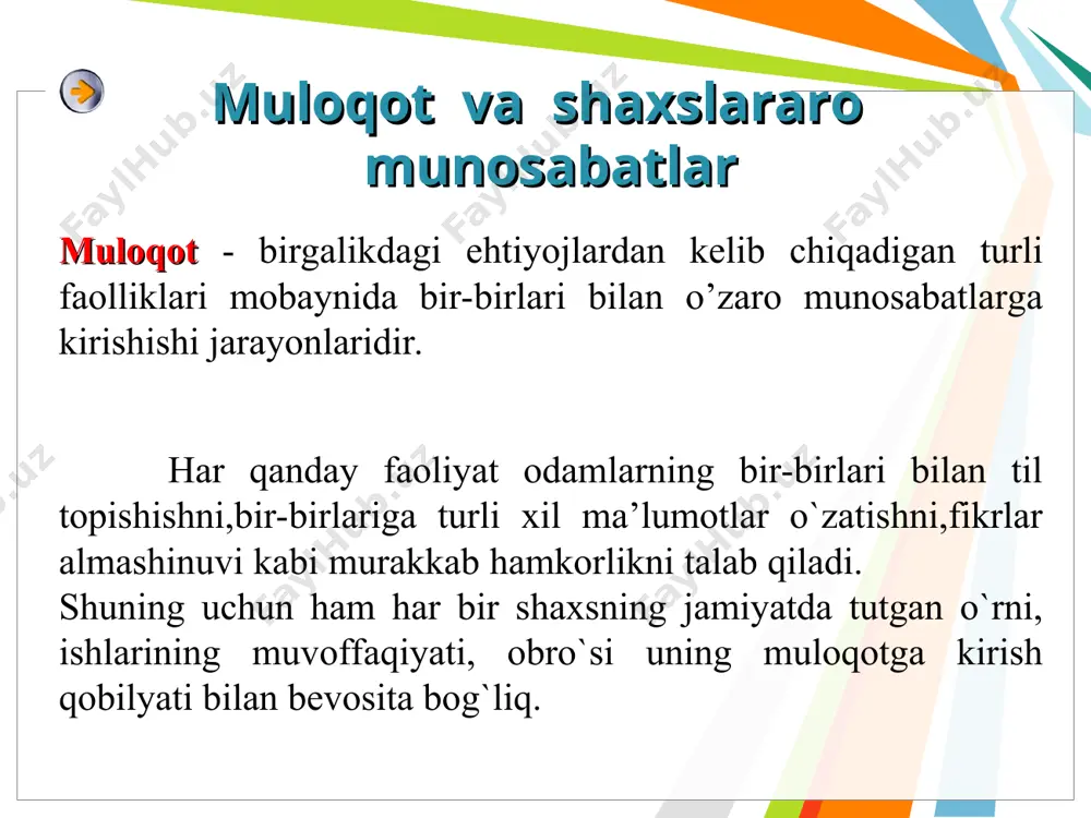 ning interaktiv tomoni – kishilarning birgalikdagi f aoliyatda bir – birlariga amaliy jihatdan ta’sir etishlari. hamkorlikda ishlash, bir – birlariga yordam berish, bir – birlaridan o`rganish, harakatlar muvofiqligiga erishish kabi qator qobiliyatlarni namoyon qilish mumkin. odamlarning turli sharoitlarda o`zlarini tutishlari xulq – atvorlarining boshqarilishi ma’lum psixologik qonuniyatlarga bog`liqligini ko`rish mumkin. bunga sabab jamiyatda qabul qilingan turli normalar, qonun qoidalardir. chunki o`zaro muloqot va o`zaro ta’sir jarayonlarida shunday xatti – harakatlar obrazlari kishilar ongiga singib tasavvurlar, xislatlar orqali boshqa birovni tushunishga harakat qilish, o`zini boshqa birov bilan solishtirish, masalan: 1 – martda uchrashuvga ketayotgan yigitning holatini uning o`rtogi yoki akasi tushunishi mumkin. stereotipizatsiya refleksiya muloqot jarayonida suhbatdoshning pozitsiyasida turib, o`zini tasavvur qilishdir, o`ziga birovning ko`zi bilan qarashga intilishdir. masalan: guruhdoshingizdan biriga ko`ylagi yarashmaganini aytish mumkin, 2-chisiga aytsam kuyyapti deb o`ylaydi deysiz. odamlar ongida muloqotlar mobaynida shakllanib o`rnashib qolgan, ko`nikib qolingan obrazlardan shablon sifatida foydalanish, bunday stereotiplar ba’zan muloqotni to`gri yunalishini ta’minlasa, …