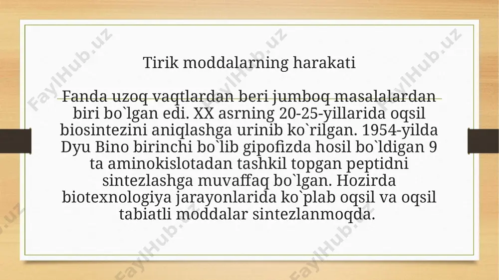 sh natijasida o‘zining ingibitorlik xususiyatlarini yo‘qotadilar. dnk bilan bog‘langan giston bo‘lmagan oqsillar rnk sintezini gistonlar bilan ingibirlanishiga qarshilik ko‘rsatadilar. shunday qilib, transkripsiyani boshqarilishida gistonlar rnk sintezini ingibirlaydilar, giston bo‘lmagan oqsillar esa bunga qarshilik qiladilar. translyatsiyadan so‘ng boshqarilish initsiatsiya, elongatsiya va terminatsiya bosqichida bo‘lib, ular har xil oqsil faktorlari va mrnkga, translyatsiya protsessiga ta’sir etuvchi ingibitorlar ta’siri ostida bo‘ladi. hozirgi vaqtda tibbiyot amaliyotida odam organizmiga ta’sir etmay bakteriyalarda nuklein kislota va oqsil biosintezi jarayonini tormozlovchi ko‘pgina antibiotiklar qo‘llaniladi. antibiotiklar nuklein kislota va oqsil biosintezining muhim reaksiyalariga ta’sir etadilar. e`tiboringiz uchun rahmat. image7.png image8.png image9.png image10.png image11.png image3.png image4.png