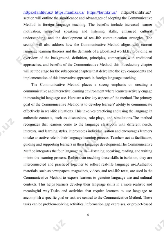 al of the communicative method is to develop learners' ability to communicate effectively in real-life situations. this involves practicing and using the language in authentic contexts, such as discussions, role-plays, and simulations.the method recognizes that learners come to the language classroom with different needs, interests, and learning styles. it promotes individualization and encourages learners to take an active role in their language learning process. teachers act as facilitators, guiding and supporting learners in their language development.the communicative method integrates the four language skills—listening, speaking, reading, and writing—into the learning process. rather than teaching these skills in isolation, they are interconnected and practiced together to reflect real-life language use.authentic materials, such as newspapers, magazines, videos, and real-life texts, are used in the communicative method to expose learners to genuine language use and cultural contexts. this helps learners develop their language skills in a more realistic and meaningful way.tasks and activities that …