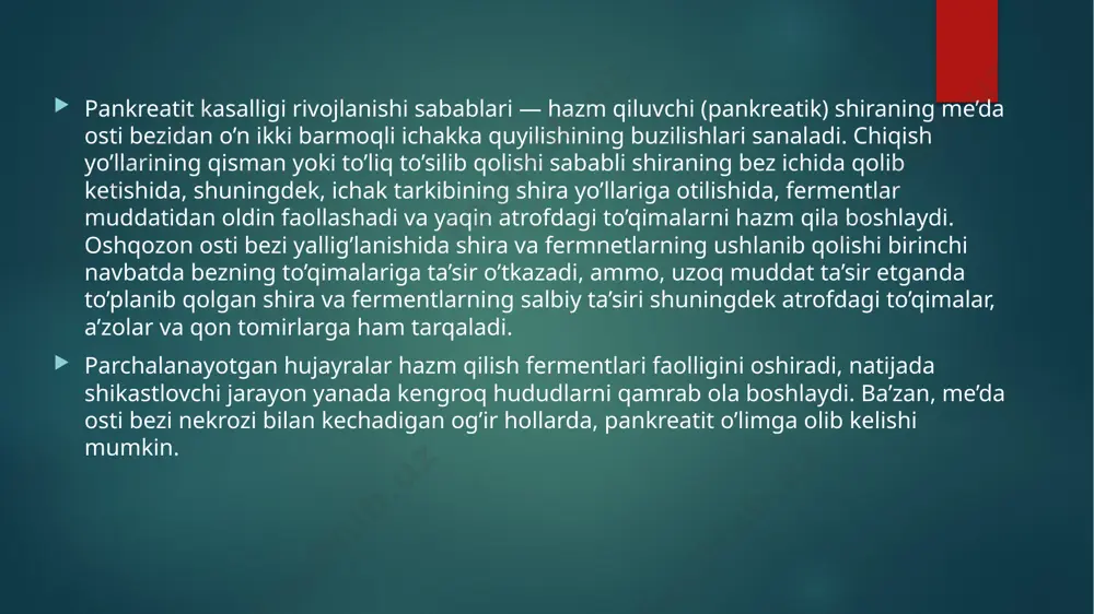 g kam ishlab chiqarilishi bilan bog’liq); umumiy charchash, tananing surunkali intoksikatsiyasi; oshqozon osti bezining abstsessi; o’pkaviy asoratlar; pankreatogen astsitning rivojlanishi; oshqozon-ichak trakti a’zolarining boshqa kasalliklari va disfunktsiyalari (xoletsistit, o’n ikki barmoqli ichak yarasi); bez to’qimalarida kista hosil bo’lishi; o’t yo’llarining siqilishi natijasida mexanik sariq kasallik; o’lim. otkir pankriatit belgilari oshoqozon-ichak traktining barcha a’zolari to’qimalarida kislorod yetishmovchiligiga olib keladigan gipovolemik shok; hazm qilish fermentlarining toksik ta’siri natijasida jigar va buyrak yetishmovchiligi; yallig’lanish jarayoniga infektsiya birlashgani fonida rivojlanadigan aseptik yoki yiringli peritonit; yurak-tomir, nafas yetishmovchiligi va boshqa asoratlar. qonning umumiy va biokimyoviy tahlili, najas va umumiy siydik tahlili kiradi. erta laboratoriya diagnostikasi kasallik kuchayishining birinchi soatlarida namyoyon bo’ladigan qon va siydikdagi amilaza darajasi oshganligini aniqlash imkonini beradi. yallig’lanish jarayoni boshlanganidan 2-3 kun o’tgach lipaza miqdori oshadi va uning balandligi uzoq muddatli kuchayishni ko’rsatadi. bemorning qonida tripsin fermenti aniqlanishi a’zo to’qimalarining shikastlana boshlaganidan dalolat beradi. kuchayishda bilirubin va qand miqdori ham oshgan bo’ladi, …