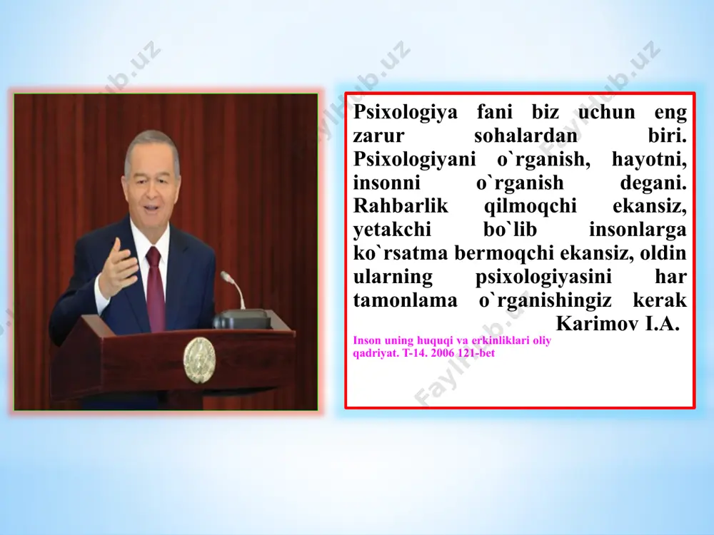 erning quyidagi tizimi e’tirof etiladi: 1.mehnat faoliyatida namoyon bo‘ladigan xususiyatlar mehnatsevarlik, mehnatkashlik, tashabbuskorlik, ishga layoqat, ishga qobillik, ma’suliyat, dangasalik, qo‘nimsizlik va boshqalar. 2.insonlarga nisbatan bo‘lgan munosabatlarda namoyon bo‘ladigan odoblilik, mehribonlik, takt, jonsaraklik, dilgirlik, muloqatga kirishuvchanlik, altruizm, g‘amho‘rlik, rahm-shafqat va boshqalar. 4.narsalar va hodisalarga munosabatlarda namoyon bo‘ladigan xususiyatlar tartiblilik, oqillik, saranjom-sarishtalik, ziqnalik, tejamkorlik, pokizalik va boshqalar. 3.o‘z-o‘zining munosabatiga aloqador tavsifiy sifatlar kamtarlik, kamsuqumlilik, mag‘rurlik, o‘ziga bino qo‘yish, o‘z-o‘zini tanqid, ibo, sharmu-hayo, manmansirash, va boshqalar. qobilyat haqida tushuncha. qobiliyat deb, shaxsning muayyan faoliyat turini muvaffaqiyatli bajarishga bo‘lgan layoqat darajasini ifodalaydigan, turmush jarayonida hosil qilingan individual xususiyatlar yig‘indisiga aytiladi. qobiliyatlar bilim, ko‘nikma, malaka orttirish xususiyatiga bog‘liq bo‘ladi. qobilyat qobilyatlar umumiy va maxsus bo`ladi. umumiy qobiliyatlar mavjud bo’lganda kishi faoliyatning turli xillari bilan muvaffaqiyatli shug’ullana oladi. umumiy bilimdоnlik, hаyotiy mаqsаdlаr, nutq qоbiliyatlаri, tirishqоqlik, chidаm, qiziquvchаnlik maxsus qobiliyatlar kishiga qandaydir bir muayyan faoliyat bilan muvaffaqiyatli shug’ullanish imkoniyatini beradi. masalan, matematik, texnikaviy, adabiy, musiqiy, tasviriy va …