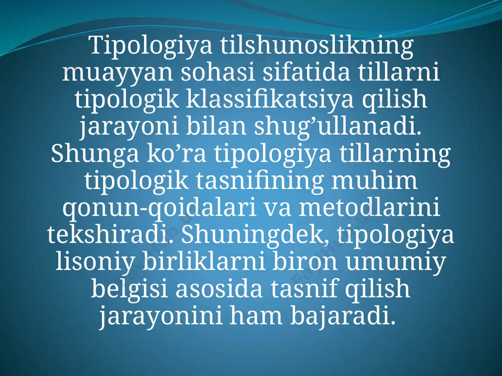 lar qiyos qilinayotgan qator tillar tuzilishiga xos lisoniy hodisalar, birliklar bilan belgilanadi. masalan, so’zlarning bir va ko’p ma‘noliligi, zamon kategoriyasi, omonimlar, so’z turkumlari, unli va undosh tovushlar, terminlar, sinonimlar, urg’u, harakat va holat fe‘llari kabilar. ma‘lum bo’ldiki, qayd etilgan ushbu lisoniy hodisalar universaliyalar sifatida o’nlab, yuzlab tillarga tegishli ekanligi bilan ajralib turadi. ayni vaqtda qiyos ob‘ekti bo’lgan tillarning faqat o’zigagina xos – shaxsiy jihatlari - hodisalari borki, bular ham tillarni tipologik tadqiq qilish jarayonida-lingvistik tipologiyada aniqlanadi. masalan, o’zbek tiliga xos o’, q, g’, h kabi unli va undosh tovushlar, urg’uning tilimizda, asosan, so’zning oxirgi bo’g’iniga tushishi (istiqlol,tadbirkor, ma‘naviyat), rus tilida esa urg’uning so’z boshida, o’rtasida va oxirida ham kelishi. shuningdek, rus tilida urg’uning so’z yasash vazifasiga ham egaligi, ya‘ni urg’u pozitsiyasining o’zgarishi bilan so’z ma‘nosining ham o’zgarishi yuz beradi. masalan, muka (un) – muka (azob), zamok (qulf) – zamok (qala, qo’rg’on). rus tiliga xos , sh, ts kabi undoshlar, shuningdek, …