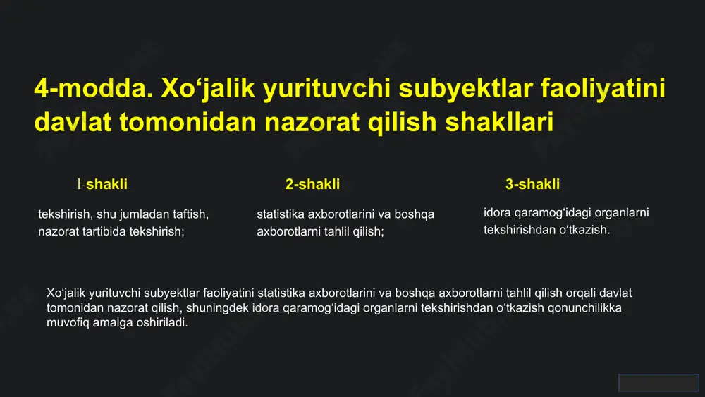 asi bosh prokuraturasi huzuridagi iqtisodiy jinoyatlarga qarshi kurashish departamenti o‘zbekiston respublikasi budjet tizimi budjetlari mablag‘larini, donor mamlakatlar, xalqaro,chet el hukumat va nohukumat tashkilotlari bilan tuzilgan davlatlararo va hukumatlararo shartnomalar doirasida taqdim etiladigan chet el grantlarini, shuningdek o‘zbekiston respublikasi kafolati ostida jalb etiladigan chet el kreditlarini sarflash masalalari yuzasidan, mulk shaklidan qat’i nazar, xo‘jalik yurituvchi subyektlar moliya-xo‘jalik faoliyatining tekshiruvlarini o‘tkazish tashabbusi bilan chiqishi mumkin. 10 xulosa nazoratni kuchaytirish qonunlarga to‘liq amal qilishni ta’minlash va nazorat mexanizmlarini takomillashtirish. texnologiyalarni keng joriy etish zamonaviy tizimlar yordamida samaradorlikni oshirish va xatolarni kamaytirish. huquqiy ta’lim va xabardorlik subyektlar va xodimlarning qonunlar bo‘yicha bilimini oshirish muhimdir. nazorat faoliyati davlat iqtisodiyotining barqarorligini mustahkamlashda poydevor hisoblanadi. yangi yondashuvlarni qo‘llash va qonuniy mexanizmlarni kuchaytirish kelajakda yanada ishonchli tizim yaratishga imkon beradi. 11 foydalanilgan adabiyotlar 1. o‘zbekiston respublikasining qonuni xo‘jalik yurituvchi subyektlar faoliyatini davlat tomonidan nazorat qilish to‘g‘risida 2. biznes huquqi o'quv qo'llanma / mahsuda tadjibayeva rustamjonovna. -t.: tdyu nashriyoti, …