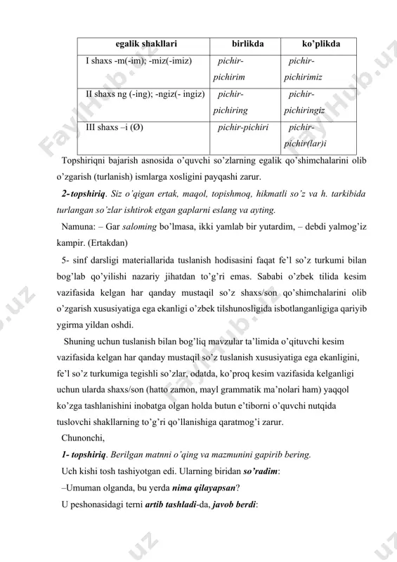an? u peshonasidagi terni artib tashladi-da, javob berdi: –mana shu mehnatim tufayli qaddim bukilib, og’ir kunlarga qolib ketdim. ikkinchisining oldiga borib undan so’radim: –sen nima qilayapsan? u yenglarini shimardi-da, tumshug’ini ko’tarib, g’urur ila javob berdi: –men ishchiman. pul ishlayapman. bu yerda boshqa nima ham qilardim? keyin uchinchi kishidan so’radim: –sen nima ish qilayapsan? u jilmaydi-da, javob berdi: – men duradgorman. ibodatxona quryapman. qissadan hissa shuki, qachonki oldingga oliy maqsad qo’yarkansan, har qanday vaziyatda ham yashayotgan umringda ma’no bo’ladi. 2- topshiriq. berilgan matndagi ajratib ko’rsatilgan so’zlarning shaxs/sonini aniqlang. berilayotgan topshiriqlar o’quvchilarni imkon qadar mustaqil ishlashga, tafakkur qilishga undamog’i muhim. 1-topshiriq. gaplar tuzing. berilgan so’zlar shu gaplarning kesimi vazifasida kelsin. donishand, o’quvchimiz, a’lochiman, chaqqonsan, uchtamiz, sizsiz, o’sha, ofarin. so’zning lug’аviy vа grаmmаtik mа’nоlаri ustida ishlaganda o’quvchiga quyidagi tartibda topshiriqlar berish mumkin: 1- topshiriq. matnni o’qing va uqing. mazmunini so’zlab bering. matn tarkibidagi lug’aviy ma’no ifodalamaydigan so’zlarni ajrating. kunlarning birida fermadagi ot kasal …