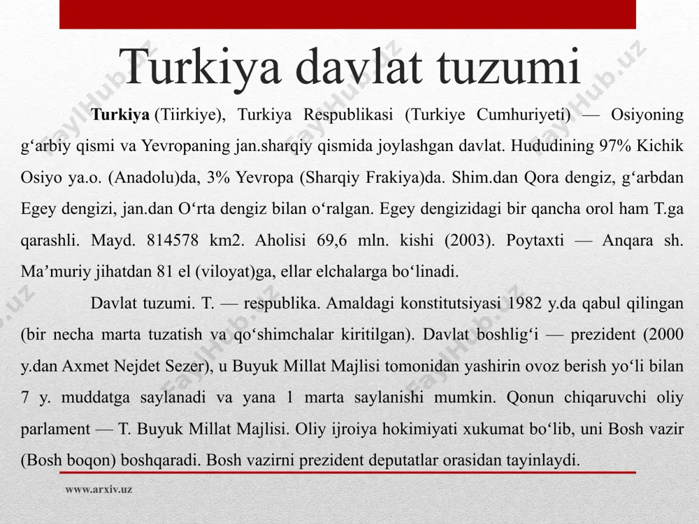 i ochildi. oʻzr prezidenti i. a. karimov 1991 y. dek., 1994 y. iyun va 1997 y. noyab.da rasmiy tashrif bilan t.da boʻldi. 1998 y. okt.da t. respublikasining 75 y.ligiga bagʻishlangan tantanalarda ishtirok etdi. oʻz navbatida, t. prezidentlari t. oʻzal, s. demirel va b. davlat arboblari bir necha bor rasmiy tashrif bilan oʻzbekistonda boʻddilar. ana shu tashrif va mulokrtlar natijasida ikki davlat oʻrtasidagi munosabatlarning shartnomaviyhuqukiy asoslari yaratildi. jumladan, oʻzbekiston bilan t. oʻrtasida "abadiy doʻstlik va hamkorlik toʻgʻrisida"gi shartnoma hamda siyosiy, savdoiktisodiy, ilmiy-texnikaviy, harbiy va harbiytexnikaviy aloqalar, terrorizm va narkotik moddalar savdosiga qarshi kurash, huquqiy yordam, sogʻliqni saklash, transport, sayyoxlik, madaniyat va b. sohalarda 78 hujjat imzolandi. oʻzbekiston prezidenti i. a. karimovning 2000 y. sent.da t. prezidenti a. sezer bilan bmt ning "ming yillik" sammiti doirasidagi uchrashuvi ikki tomonlama aloqalarda muhim ahamiyat kasb etdi. 2003 y.da t. bosh vaziri rajab tayyip erdoʻgʻon oʻzbekistonga keldi. tashrif davomida yana bir qancha hujjat imzolandi. jumladan, …