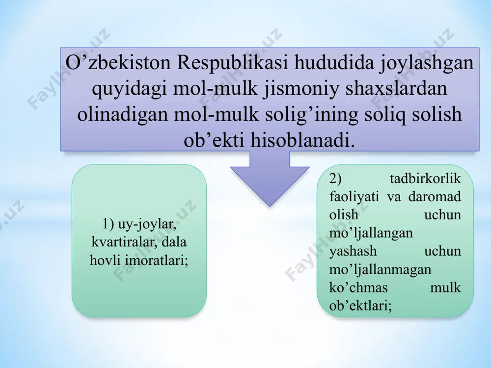 sasa muhri bilan tasdiqlangan tegishli yozuvli pensiya guvohnomasi asosida beriladi. 4) energiya resurslarining amaldagi tarmoqlaridan to’liq uzib qo’yilgan turar joylarda qayta tiklanadigan energiya manbalaridan foydalanuvchi shaxslar qayta tiklanadigan energiya manbalari o’rnatilgan oydan e’tiboran uch yil muddatga. mazkur imtiyoz energiya resurslarining amaldagi tarmoqlaridan to’liq uzib qo’yilgan holda qayta tiklanadigan energiya manbalaridan foydalanish to’g’risida energiya ta’minoti tashkilotlari tomonidan berilgan ma’lumotnoma asosida taqdim etiladi. quyidagi jismoniy shaxslarning mulkida bo’lgan mol-mulk oltmish kvadrat metr doirasida soliq solishdan ozod qilinadi: 1) o’n nafar va undan ortiq bolalari bor ota-onalaridan birining. mazkur imtiyoz fuqarolarning o’zini o’zi boshqarish organining bolalar borligini tasdiqlovchi ma’lumotnomasi asosida beriladi; 2) pensionerlarning. mazkur imtiyoz pensiya guvohnomasi asosida beriladi; 3) i va ii guruh nogironligi bo’lgan shaxslarning. mazkur imtiyoz pensiya guvohnomasi yoki tibbiy-mehnat ekspert komissiyasining ma’lumotnomasi asosida beriladi; soliq imtiyozlariga ega bo’lgan shaxslar soliq imtiyozini olishga bo’lgan huquqini tasdiqlovchi hujjatlarni soliq solish ob’ekti joylashgan erdagi soliq organlariga mustaqil ravishda taqdim etadi. soliq imtiyozlari …
