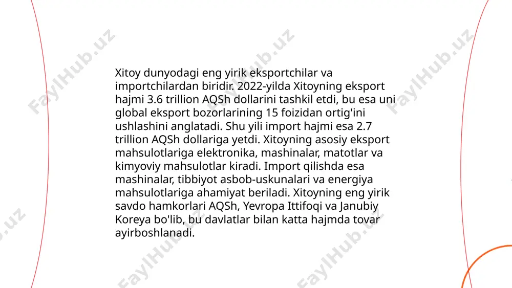 ilda xitoy sun'iy intellekt sohasi uchun 27 milliard dollar ajratdi, bu esa mamlakatni bu sohada aqsh dan keyin ikkinchi o'ringa qo'ydi. 2019-yilga kelib, xitoy 5g tarmog'ini 500 ming ustunga kengaytirdi. shuningdek, xitoyning internet mavjudligi 2021-yilda aholining 70% dan ortig'ini qamrab oldi, bu esa 1 milliard foydalanuvchidan oshdi. dronlar sohasida, 2020-yilda xitoy jahon bozorining 74% ni egallab, yetakchi o'rinda turdi. bu raqamlar xitoyning texnologik rivojlanishda dunyoda dolzarb o'rin egallashini ko'rsatadi. ... t.me/slaydai_bot 13. xitoyning transport va logistika tarmoqlari xitoyning transport va logistika tarmoqlari dunyodagi eng rivojlanganlaridan biri bo‘lib, uning temir yo‘l tarmog‘i uzunligi 146,000 km dan ortiq, shu jumladan 38,000 km yuqori tezlikli temir yo‘llar mavjud. xitoydagi avtomobil yo‘llari tarmog‘i esa 5 million km dan oshiq. shuningdek, mamlakatda 230 dan ortiq aeroportlar mavjud bo‘lib, eng yiriklaridan biri pekin daxing xalqaro aeroportidir. yillik yuk hajmi bo‘yicha xitoyning dengiz portlari dunyo yetakchisi hisoblanadi; shenchjen, shanxay va ningbo portlari eng yiriklari qatoriga kiradi. tijorat …