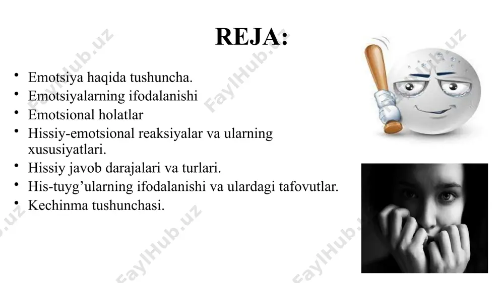minlaydi. his-tuyg‘ular shaxsni bezaydi, uni jozibaliroq, kо‘zga tashlanadiganroq qiladi. emotsiyalar ijodiy yuksalishga yordam beradi, aqliy-mnestik jarayonlarni tezlashtiradi, diqqatning barqaror bо‘lishiga kо‘maklashadi. psixik jarayonlarda ayniqsa emotsiya òzining aniq tashqi ifodasiga ega bòlishi bilan tafsiflanadi emotsianal òzgarishlar organizmning tashqi òzgarishlarida shu qadar yaqqol ifodalanadiki biz odamni tashqi kòrinishiga qarab unda qanday xususyatlar yuz berayotganini uning xursand yoki xafaligini ģazablanganligini yoxud biror narsadan qòrqib ketganini va shu kabi xis tuyģularni kòpini aytib bera olamiz xissiyotlarning tashqi alomatlari ifodali xarakatlar deb ataldi. emotsiyalarning tashqi ifodasi turli kòrinishlarda ròy beradiki unda asosiy òrinni kòrgazmali jixatlar asosiy òrinni egallaydi. hissiy reaktsiya belgi (ijobiy yoki salbiy tajriba); xatti-harakatlar va faoliyatga ta'sir qilish (rag'batlantirish yoki jazolash); intensivlik (tajribalarning chuqurligi va fiziologik o'zgarishlarning ko'lami); paydo bo'lish davomiyligi (qisqa muddatli yoki uzoq muddatli); ob'ektivlik (ogohlik darajasi va ma'lum bir ob'ekt bilan bog'liqlik). reaktivlik (paydo bo'lish yoki o'zgarish tezligi); sifati (ehtiyoj bilan bog'liqlik) va ularning ixtiyoriy nazorati darajasi kabi xususiyatlarni aniqlaydi …