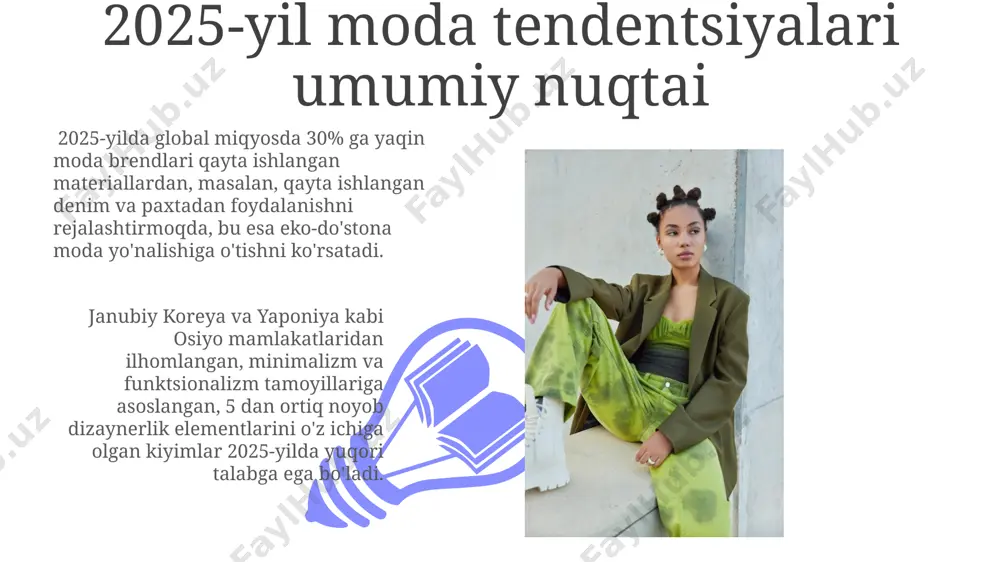 ermaniya va italiya kabi mamlakatlarda sezilarli darajada o'sishni kutishadi. funksional kiyimlar, masalan, ko'p qavatli yoki o'zgaruvchan dizayndagi 5 dan ortiq usulda kiyiladigan kiyimlar, london va parij modalar haftalarida 2024 yil kuz-qish kolleksiyalarida namoyish etilgan. yorqin ranglar va naqshlar 2025-yilda, global miqyosda 30% ga yaqin dizaynerlar o'zbekistonning an'anaviy xalq naqshlari va yorqin ranglaridan ilhomlanib, kolleksiyalarida ularni qo'llashni rejalashtirmoqda. parij moda haftaligining tahlilchilariga ko'ra, 2025-yilning bahor-yoz mavsumida 7 dan ortiq yorqin ranglarning kombinatsiyasi, jumladan, an'anaviy o'zbek ipaklarining soyalari, trendda bo'ladi. davom etayotgan eko-moda jahon bo'yicha eko-moda mahsulotlariga bo'lgan talabning 20% ga oshishi, xususan, yaponiya va janubiy koreya kabi mamlakatlarda yuqori sifatli va innovatsion eko-texnologiyalarni qo'llash bilan bog'liq bo'ladi. 2025-yilga kelib, global miqyosda 30% gacha bo'lgan ekologik toza materiallar (masalan, organik paxta, qayta ishlangan denim) dan foydalanish ko'payishi kutmoqda, bu esa evropa va shimoliy amerika bozorlarida sezilarli o'sishni keltirib chiqaradi. nostandart materiallar 01 02 2025-yilda 3d-chop etilgan kiyimlar, xususan, shaxsiylashtirilgan dizaynlar bilan, global …