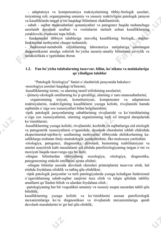 talabalarga kasalliklar haqida birlamchi ma'lumotlar berib, ularni kasallik kelib chiqish sabablari va sharoitlari, rivojlanish mexanizmlarining umumiy qonuniyatlarini, hamda tipik patologik jarayonlar, organ va tizimlar patofiziologiyasini o`rgatib, bo`lajak shifokorlarda klinik fikrlashni shakllantiradi, kasalliklarga tashhis qo`yish va patogenetik davolash usullarini qo`llashga o`rgatadi. shu boisdan ham “patologik fiziologiya” fani tibbiyotda muhim o`rin tutadi. 2.2. fanni o`qitishda zamonaviy axborot va pedagogik texnologiyalar talaba “patologik fiziologiya” fanini o`zlashtirishda ta'limning innovatsion usullaridan foydalanishi, yangi pedagogik, internet texnologiyalarini tatbiq etishi muhim ahamiyat kasb etadi. fanni o`zlashtirishda o`quv uslubiy ta'minot darslik, o`quv va uslubiy qo’llanmalar, modul topshiriqlaridan foydalanishi tavsiya etiladi. ma'ruza va amaliy mashg’ulotlarda turli metod va vositalardan, xususan, “miya shturmi”, “5 nima”, “akvarium”, “test”, “insert”, “venn diagrammasi”, “o’rgimchak ini”, “guruhli fikrlash”, “aylana stol atrofida”, “klaster”, “swot”, “zaif bo’g’in”, didaktik o’yinlar kompyuter dasturlaridan, internet tizimlaridan, o`quv videofilmlarini ko’rish uchun videoikkilikdan, kompyuterdan, shuningdek slaydoskoplardan foydalanish imkoniyati mavjud. mashg’ulotlarning tajribaviy qismini o’tkazish uchun mikroskoplar, o’chov uskunalari mavjud. har bir amaliy …