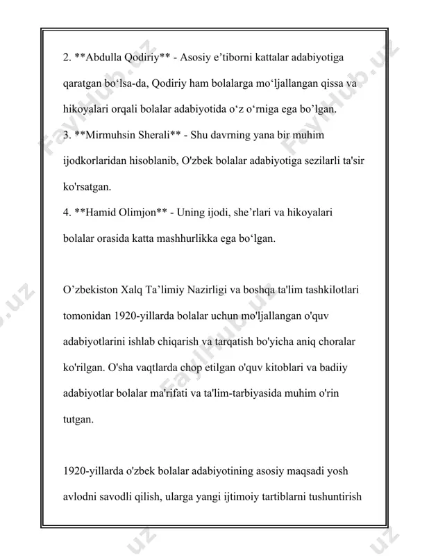 ka undadi. 7. **fantastika va ijodiy tasavvur**: fantastik janrdagi asarlar bolalar adabiyotida yangi ufqlarni ochishga xizmat qildi. bolalarga ijodiy tasavvur, orzu-havasni rivojlantirish, ularni yangicha dunyoqarash va kashfiyotlarga chorlaydi. fantastika orqali mualliflar bolalarning faylasufona o‘ylarini rivojlantirishga harakat qildilar. shuni ta’kidlash kerakki, 20-yillarda bolalar adabiyotining mazmun va shakl jihatidan boyib borishi mualliflarning ijodiy ishtiyoqi va o‘z davrining talablariga mos ravishda asarlar yaratishiga bog‘liq edi. shu bilan birga, bosma matbuot va kitoblarning tarqalishi, maktablar va kutubxonalar tarmog‘ining rivojlanishi ham bolalar adabiyotining ommalashishiga katta hissa qo‘shdi. 20-yillarning bolalar adabiyotida e’lon qilingan ko‘plab asarlar hali ham o‘z ahamiyatini yo‘qotmagan holda bolalar tarbiyasida muhim o‘rin egallab kelmoqda. 3. 20-30-yillar o'zbek bolalar she'riyati 1920-30-yillar o'zbek bolalar she'riyati davri o'zbekiston adabiyoti va madaniy hayotida muhim ahamiyatga ega. bu davrda ko'plab istiqlol, yangilanish va ta'lim sohasidagi o'zgarishlar fonida bolalar adabiyotiga e'tibor qaratildi. o'sha davrda o'zbekiston bolalar adabiyoti asosan didaktik yo'nalishda rivojlandi. o'qituvchilar va adiblar yosh avlodni tarbiyalash va ularga …