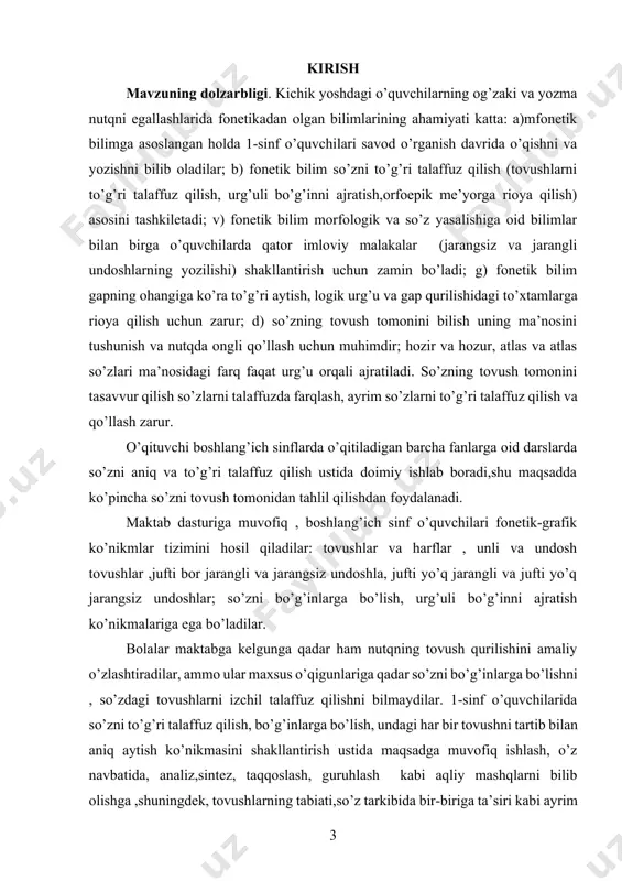 ishining tuzilishi: kirish, 2 bob, 4 paragraf, xulosa va foydalanilgan adabiyotlar iborat. i bob. ona tili ta’lida fonetika bo‘limining mazmuni va ahamiyati 1.1. fonetika bo‘limining tilshunoslikdagi o‘rni va turlari fonetika (yunoncha: phonetikos-tovushga, tovush chiqarishga oid; tovushli,ovozli) 1) tilshunoslikning nutq tovushlarining hosil bo’lish usullarini va akustik xususiyatlarini; bo’g’in,nutqning pauza bilan ajraluvchi qismlarini o’rganuvshi bo’limi. shu bilan birga,ayrim tilshunoslar fonetika doirasiga tovush birliklarining yozuvdagi ifodalari (grafika) va ma’noli birliklarining yozilish qoidalari ( imlo)ni ham qo’shib, uning o’rganish obyektini yanada kengaytiradilar( rus olimi l.v. shcherba).o’zbek tilshunosligida fonetika doirasida asosan ,nutq tovushlari (ularning artikulyatsion,akustik,perseptiv (psixofonetik) va funksional tomonlari) va ohang ( bo’g’in, sintagma,urg’u va boshqalar) o’rganiladi. nutqning tovush tomoni segment (lotincha: segment- qirqim, parcha, bo’lak) va ust segment (supersegment) birlilarga bo’linadi.segment birliklar ketma-ket joylashadi(bir vaqtning o’zida 2 ta tovushni talaffuz qilib bo’lmaydi ). shuning uchun ularni silsilasi yoki ketma-ket birliklar deyish mumkin.u ust segment birliklarga urg’u va ohang (intonatsiya) kiradi.bu birliklar segment birliklar ustiga …