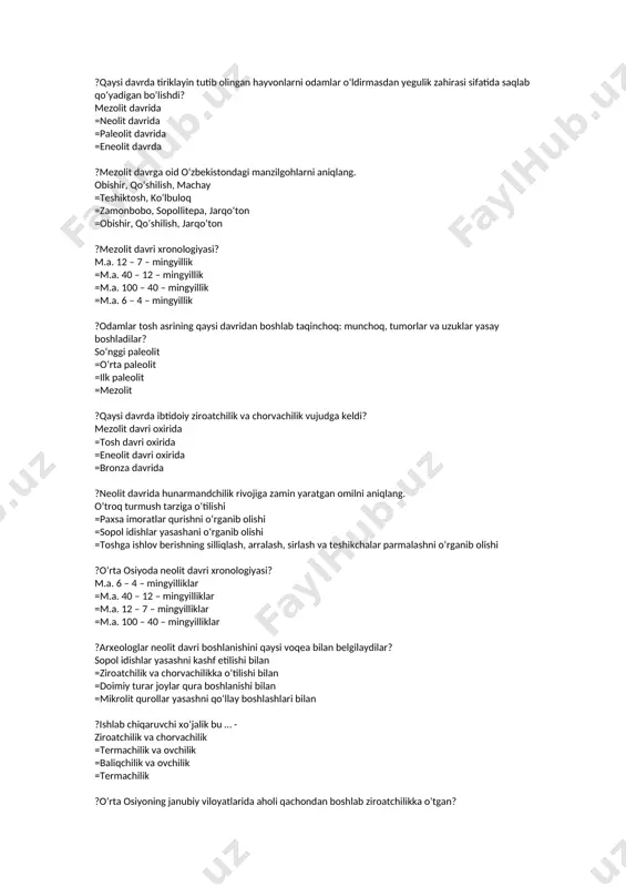 opol idishlar yasashani o‘rganib olishi =toshga ishlov berishning silliqlash, arralash, sirlash va teshikchalar parmalashni o‘rganib olishi ?o‘rta osiyoda neolit davri xronologiyasi? m.a. 6 – 4 – mingyilliklar =m.a. 40 – 12 – mingyilliklar =m.a. 12 – 7 – mingyilliklar =m.a. 100 – 40 – mingyilliklar ?arxeologlar neolit davri boshlanishini qaysi voqea bilan belgilaydilar? sopol idishlar yasashni kashf etilishi bilan =ziroatchilik va chorvachilikka o‘tilishi bilan =doimiy turar joylar qura boshlanishi bilan =mikrolit qurollar yasashni qo‘llay boshlashlari bilan ?ishlab chiqaruvchi xo‘jalik bu … - ziroatchilik va chorvachilik =termachilik va ovchilik =baliqchilik va ovchilik =termachilik ?o‘rta osiyoning janubiy viloyatlarida aholi qachondan boshlab ziroatchilikka o‘tgan? m.a. 6 – 5 – mingyilliklar boshlaridan =m.a. 3 – 2 – mingyilliklar boshlaridan =m.a. 4 – 3 – mingyilliklar boshlaridan =m.a. 2 – 1 – mingyilliklar boshlaridan ?o‘rta osiyoning markaziy va shimoliy o‘lkalarida m.a. 6 – 5 – mingyilliklar boshlarida nima bilan shug‘ullangan? ovchilik va baliqchilik =ziroatchilik va …