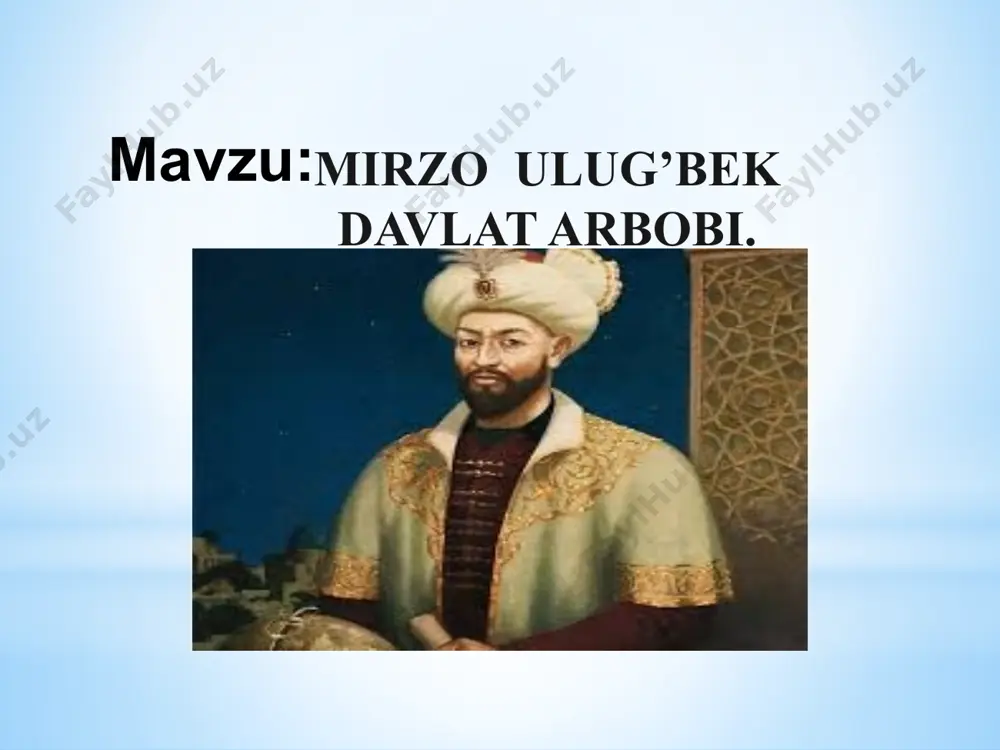 temurning saroyidagi eng yirik olimlardan bo'lib, sayyoraning kelajagiga oid ikki yuz yillik taqvimlari jadvallarini tuza olgan. lekin ulug'bekning o'zi keyinchalik asosiy asari bo'lmish "zij"ida faqat qozizoda rumiyni "ustozim" deb ataydi. ulug'bek yoshligidan ilm o'rganishdan tashqari jismoniy mashqlar, otda yugurish, qilich chopish, yoy otish, suvda suzish bilan faol shug'ullanadi. qur'onni yod olish mashqlarini tinimsiz takrorlaydi. shu sababli uning xotirasi va zehni o'tkir,irodali bo'lgan. bundan tashqari amir temur nevarasini ko'pincha o'zi bilan olib yurishni, uning aslzodalar odatlarini puxtaroq egallashiga sharoit yaratib,xos mehmonlarni kutish marosimlarida ham ishtirok etishiga alohida ahamiyat bergan. ulug'bek yoshligidan ulug' bobosining yonida yurib, saltanat manfaatlarini anglashni tushunib borgan, u o'z hayoti mobaynida adolatsizliklarga, cheklashlarga, toju-taxt talashishlardagi xiyonatlarga ko'p duch kelgan. ulug'bek jismonan chiniqqan inson bo'lgan, o'z davrida taxtga o'tirish uchun qozoqlik davrini, ya'ni ekstrimal sharoitlarda yashay olish davrini ham boshidan o'tkazgan. u bu haqida o'zining "to'rt ulus tarixi" asarida ma'lumot bergan [4]. ulug'bekning xotirasi o'tkir bo'lib, kuchli analitik tafakkurga …