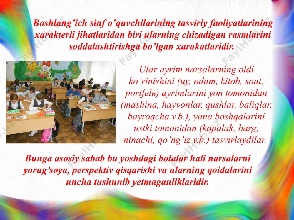 kerak bo’ladi qurish–yasash mashg’ulotlariga xos bo’lgan bir muhim jihat shundaki, bunda o’qituvchi va bolalar amaliy ishlarning bir vaqtni o’zida bajaradilar. ayrim mashg’ulotlarda (ko’pincha 3-4-sinflarda) amaliy ish uchun hamma tayyorgarlik ishlari tugagani va topshiriq barcha bolalar uchun tushunarli bo’lganidan so’ng asosiy ishga o’tiladi. 3. naturaga qarab tasvirlash boshlang’ich sinflarda yetakchi o’rinlardan birini egallaydi. u bolalarga rasm va haykal ishlashning elementar qonun-qoidalarini o’rgatadi. naturaga qarab tasvirlash ikki qismdan tashkil topadi: 1.narsaning o’ziga qarab rasm ishlash. 2.narsaga qarab haykal ishlash. naturaga qarab rasm ishlash, naturani kuzatish, uning tuzilishi, shakli, rangi, o’lchovlari, o’lchov nisbatlarini tahlil qilish, rasmlarni natura bilan solishtirish kabi metodlar asosida olib boriladi. naturaning o’lchoviga qarab ularni chizish uchun yiriklarini sinfda 2-3 joyga, maydalarini har bir partaga bittadan qo’yib chiqish kerak bo’ladi. 4. kompozitsion faoliyat mashg’ulotlari boshlang’ich sinflarda rang tasvir kompozitsiyasi, dekorativ kompozitsiya va haykaltaroshlik kompozitsiyasi kabi qismlardan tashkil topadi. bu mashg’ulotlarning yana o’ziga xos jihatlaridan biri bolalarda plastilin, loy, stek bilan …