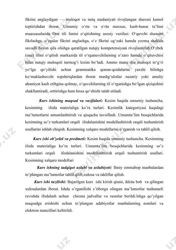 ish-harakat yoki passiv (holat) belgisini ifodalaydi. predmetning faol belgisini uning o’z faoliyati natijasida hosil qilinadi. masalan: sevinch uning ko’ziga uyqu qo’ndirmasdi gapida kesim “qo’ndirmaydi” eganing (sevinch) faol belgisini ifodalaydi. predmetning passiv belgisi uning o’zida mavjud bo’lgan belgidir. masalan: ukam olib kelgan kitob juda ajoyib. bu gapda kesim (ajoyib) passiv belgisini ifodalamoqda. passiv belgilar kim? nima? qanday? so’roqlariga javob bo’ladi. m: kunlarimiz yillardan salmoqli (qanday?). suv – biz uchun kuch, kon va katta xazina (nima?). kesimga beriladigan so’roqlar uning formasining ko’rinishiga xos bo’ladi. quyidagi gaplarni qiyoslaylik. m: bu yangi hayot xolmurodovning ruhan va jismonan o’sishiga kun sayin ta’sir qilar edi (nima qilar edi?). shu buyuk xalqning farzandisan (kimsan?). demak, kesim keng ma’noda belgi ifodalaydi, biroq predikat yo’l bilan ifodalanadi va egaga aloqador bo’ladi. kesimning harakat doirasi keng, u egaga bog’lanadi, shu bilan birga o’ziga tobe bo’lgan boshqa bo’laklar bilan ham munosabatga kirishadi. ikki tarkibli gaplarda kesimsiz gap shakllanmaydi. bunday gaplar qanchalik …