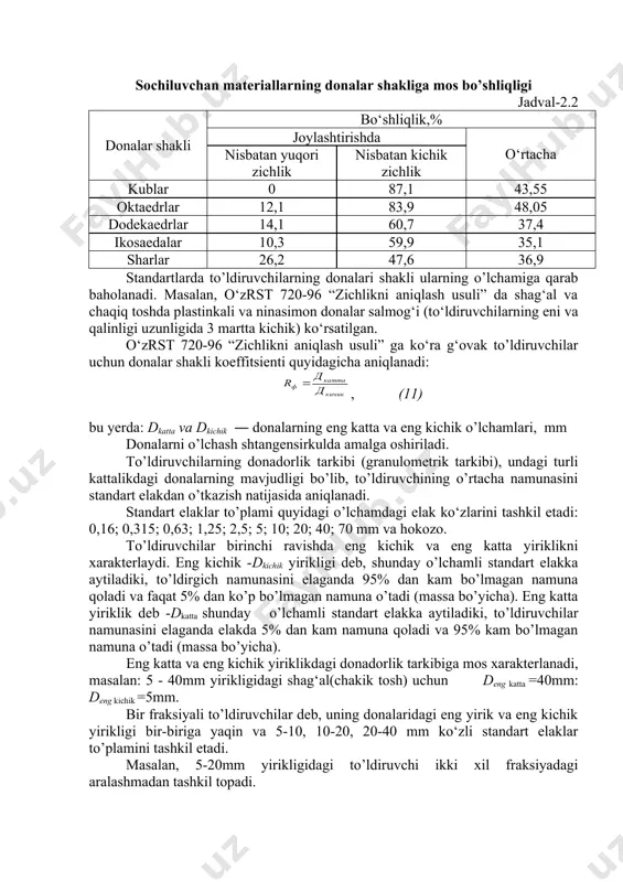 adi, chunki barcha g‘ovaklar ham suv bilan to’lmasligi mumkin. wsshx va vg‘ovak dan kelib chiqib, g‘ovaklarning qaysi hajmi suv bilan to’lishi mumkinligi haqida ma'lumotga ega bo’lamiz. to’ldiruvchilarning dona shakli va o‘zaro joylashishi uyma zichlik, bo’shliqlik kabi to’ldiruvchilarning xaraktiristikasini donalar shakli orqali aniqlanadi. birinchi marta buni b.nikolaev tadqiq etdi va 1914 yilda «material donalari shakli va o’lchamiga mos beton va qorishmalar tarkibi» ishida keltirib o’tdi. b.nikolaev sochiluvchan materialning donalar tarkibini va geometrik joylashuv strukturasini nazariy asosida analiz qildi. agar shartli ravishda barcha donalarni bir xil shaklda va o’lchamda desak, u holda berilgan hajm bo’yicha joylashtirish tartibiga ko’ra (shar, kub, tetroedr) turlicha zichlikka ega bo’ladi. masalan, agar shar shaklidagi donalarni tersak va ularning markazi kubni xosil qiladi(rasm-2.1,a), bu esa nisbatan kichik zichlikni beradi. agar sharlarning markazini tutashtiruvchi chiziqlar tetroedrni tashkil etsa(rasm-2.1.b), u holda katta zichlikka ega bo’ladi. rasm-2.1. sharlarning joylashish variantlari sochiluvchan materiallarning donalar shakliga mos bo’shliqligi jadval-2.2 donalar shakli bo‘shliqlik,% joylashtirishda …