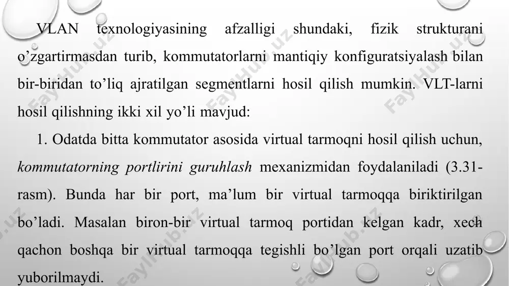 ko’p protsessorli arxitektura. bitta protsessorli arxitektura asosida qurilgan marshrutizatorlarda trafikni ishlash bosqichlari - filtrlash va paketlarni uzatish, marshrutlash jadvallarini yangilash, xizmat ko’rsatuvchi paketlarni ajratish, boshqaruvchi paketlarni shakllantirish va xokazo shu kabi vazifalarning barchasi markaziy protsessorga yuklangan bo’ladi. kuchaytirilgan bitta protsessorli marshrutizatorlarda esa, yuqorida sanab o’tilgan bosqichlarning ba’zilarini bajaruvchi, qo’shimcha modullar o’rnatilgan bo’ladi. simmetrik ko’p protsessorli marshrutizatorlarda, paketlarni ishlash bosqichlarini bajarish uchun alohida-alohida protsessorlardan foydalanilgan. e’tiboringiz uchun raxmat image2.png image3.png image4.jpeg image5.jpeg image6.jpeg image7.jpeg image8.jpeg image1.png /docprops/thumbnail.jpeg