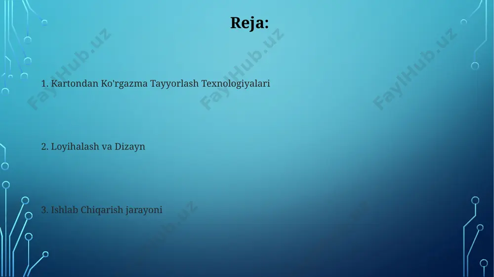 h va yig'ish texnologiyalari karton elementlarni yig'ishda maxsus yopishqoqlar va 3m markasidagi ikki tomonlama yopishqoq lentani qo'llash natijasida mahkam va mustahkam tuzilmalar yaratish mumkin, bu esa andijon shahridagi ko'plab me'moriy modellarning yaratilishida qo'llaniladi. kesish texnologiyalarida, masalan, lazerli kesish usuli yordamida 3 mm qalinlikdagi gofrirovka qilingan kartonni aniqlik bilan 100 dona elementga kesish mumkin, bu esa toshkentdagi ko'rgazma dizayni studiyalarida keng qo'llaniladi. ko'rgazma demontaj qilish va qayta ishlash namangan viloyatidagi ko'rgazma demontajidan so'ng, 70% karton materiallar qayta ishlash uchun yig'ib olingan va 30% esa yangi ko'rgazmalar uchun qayta ishlatilgan, bu esa xarajatlarni 15% ga tejashga yordam bergan. qoraqalpog'iston respublikasida o'tkazilgan ko'rgazma demontajidan keyin 250 kvadrat metr maydonni egallagan karton chiqindilar 2 hafta ichida maxsus texnologiyalar yordamida 10 tonnaga yaqin qayta ishlangan materialga aylantirilgan. yoritilish va ta'minot tizimlari экспозиция учун зарур бўлган 2000 дан ортиқ картон қутиларнинг сифатини текшириш учун 3 та мутахассисдан иборат гуруҳ ўзбекистон стандартларига мувофиқ равишда текшириш ишларини амалга …