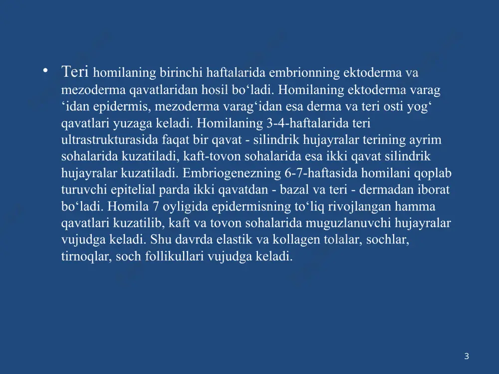 ula) papula( psoriaz) papula( kizil yassi temiratki ) * * do’mboqcha (tuberculum) – teri sathidan ko’tarilib turuvchi, bo'shliqsiz birlamchi proliferativ element. do’mboqcha xususiyatlari: * * tugun (nodus) – do’mboqchadan kattaroq teri sathidan ko’tarilib turuvchi, bo'shliqsiz birlamchi proliferativ element. * tugunning xususiyatlari: * * qabarchiq (urtica) – bo'shliqsiz birlamchi ekssudativ element * qavarchiqning xususiyatlari: * * pufakcha (vesicula) – shaffof tarkibga ega bo'lgan ekssudativ bo'shliqli birlamchi element. pufakchaning xususiyatlari: * pufakcha * * pufak (bulla) – shaffof tarkibga ega bo'lgan ekssudativ bo'shliqli birlamchi element pufakning xususiyatlari: * yiringcha (pustula) – serroz-yiringli ekssudatsaqlaydigan birlamchi bo’shliqli morfologik element. * yiringchaning xususiyatlari: * pustula (yiringcha) * * ikkilamchi morfologik elementlar pigmentli dog’ qipiqlanish (po‘stloq) qobiqcha (qaloq) yoriq eroziya yara ekskoriatsiya chandiqlanuvchi atrofiya chandiq lixenifikatsiya vegetatsiya * pigmentli dog – teridagi birlamchi morfologik elementlarning echimi natijasida paydo bo'ladigan pigment o’zgarishi. * qipiqlanish (squama) – terining muguz qavatining ajralishi * ekskoriatsiya(excoriatio) – terining qichitish natijasida hosil …