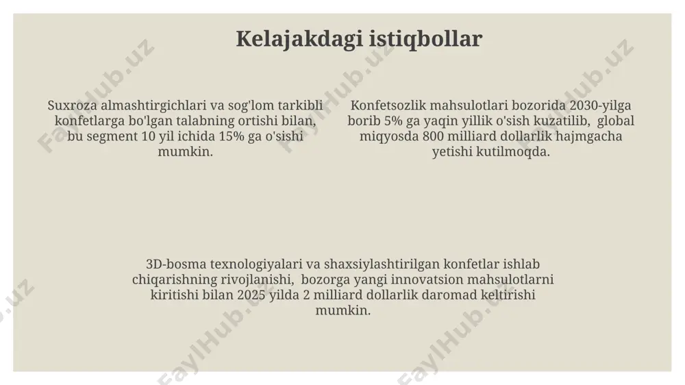 salan, kakao kukuni (shokoladli konfetlarda) mavjud boʻlib, ular hujayralarni erkin radikallardan himoya qiladi va yurak-qon tomir kasalliklari xavfini kamaytiradi. konfetlarda shakar miqdori yuqori boʻlishi, kunlik tavsiya etilgan 25 grammdan oshib ketishi, tishlar emalining buzilishi va 2-toifa diabet xavfini oshirishi mumkin. shirinliklarni qadoqlash va dizayni qadoqlash materiallari sifatida biodegradable qog'oz yoki qayta ishlanadigan plastiklardan foydalanish, mahsulot narxini 5-10% ga oshirishi mumkin bo'lsa-da, lekin brendning ekologik javobgarlik imidjini sezilarli darajada yaxshilaydi. shirinliklar qadoqlashida 30% gacha bo'sh joy ekologik jihatdan toza materiallarni ishlatish hisobiga tejalishi mumkin, bu esa chiqindilarni kamaytirishga va brend obro'sini oshirishga yordam beradi. zamonaviy dizayn yordamida shirinliklar savdosi 15-20% ga oshadi, chunki jozibador qadoqlash iste'molchilarni jalb qilishda muhim rol o'ynaydi va mahsulot tanloviga ta'sir qiladi. shokolad va uning turlari yuqori sifatli shokolad kakao loviyalarining kelib chiqishi va ularning fermentatsiya jarayoniga bog'liq bo'lib, turli mamlakatlardan keltirilgan 5-7 xil loviyalarning aralashmasi ishlatilishi mumkin. shokolad ishlab chiqarishda turli xil qo'shimchalar, masalan, yong'oqlar, mevalar …