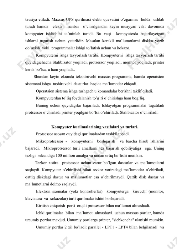 nisbatan tezroq bajaradi. mikroprotsessor. mikroprotsessor programmalarning ishlashini ta’minlaydi va kompyuter boshqa qurilmalari ishini bajaradi. u kompyuterning tezligini ta’minlaydi. ibm pc kompyuterlarida odatda intel firmasi va unga muvofik boshka firmalarning mikro protsessorlari o’rnatiladi. kompyuterlar mikroprotsessor turlari bilan farqlanadi. mikroprotsessorlar intel - 8088, 80386, 80286, 80386 sx, 80486, pentium kabi turlari mavjud. dastlabki kompyuterlar intel-8088 asosida ko’rilgan bo’lib ularning ishlash tezligi juda sekin edi. intel - 80286, 80386 mikroprotsessorlari ham keyingi turlarga nisbatan tezligi sustligi sababli hozirgi kunda ishlab chiqarilmayapti. 1993 yildan boshlab intel firmasi pintium asosidagi pintium pro mikroprotsessori o’rnatilgan kompyuterlari ham sotila boshlandi. pintium pro ning amallarni bajarish chastotasi 150 mgs bulib, u pintium- ga nisbatan ishlash tezligi 40 ga ko’prokdir. 1991 yildan boshlab ibm, motorola, fire, power va boshqa firmalar birgalikda power pc mikroprotsessorini ishlab chiqishga kirishda va bu borada muvaffaqiyatga erishdi. shunday bo’lsada, pintium narxining arzonligi va imkoniyatlari bilan foydalanuvchilarni o’ziga ko’proq jalb qilmoqda. notebooklar 120 mgsli pentium …