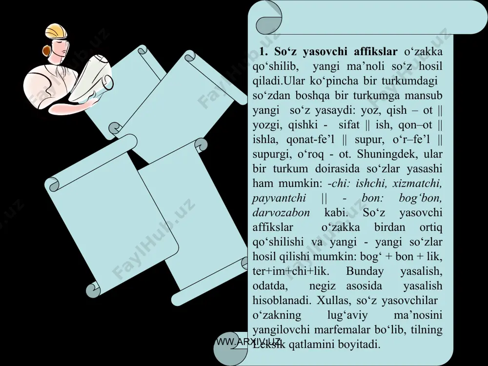 n, - chi qo‘shimchasi: temirchi (asosdan anglashilgan kasbga ega bo‘lgan shaxs oti), hasharchi, ijarachi, pudratchi (o‘zakdan anglashilgan faoliyat ishtirokchisi bo‘lgan shaxs oti) kabi yasama so‘zlardagi - chi ko‘p ma’nolidir. affikslarning ko‘p ma’noligi shakl yasovchi va so‘z o‘zgartuvchilarga ham xos hodisadir. xususan,-lar affiksining bolalar – sof ko‘plik ma’nosida, unlar- tur, nav ma’nosida, dadamlar - hurmat ma’nosida ishlatilishi, ularning nutqiy ko‘p ma’noligidan dalolat beradi. o‘zak va affikslarning qo‘shilish tartibi. affikslarning o‘zakka qo‘shilish tartibi ham o‘ziga xoslikka ega. xususan, so‘z tarkibida ma’noli qismlar joylashishining odatdagi tartibi asosan, o‘zak yoki negiz+ so‘z yasovchi+shakl yasovchi+so‘z o‘zgartuvchi shaklida bo‘ladi. masalan: qishloq+dosh+lar+imiz, qo‘riqla+di+k. o‘zakka so‘z yasovchi qo‘shimcha qo‘shilishi bilan negiz hosil bo‘ladi. masalan: ter+im, quri+q, tinch+i (moq) kabilar negizdir. agar so‘z tarkibida birdan ortiq so‘z yasovchi qo‘shimcha ishtirok etsa, u holda negizning chegarasi oxirgi so‘z yasovchi qo‘shimcha bilan belgilanadi. masalan: bil+im+don+lik yasalmasida bilimdonlik negizdir. demak, odatdagi tartibga ko‘ra shakl yasovchi va so‘z o‘zgartuvchi qo‘shimchalar so‘zning o‘zak qismiga …