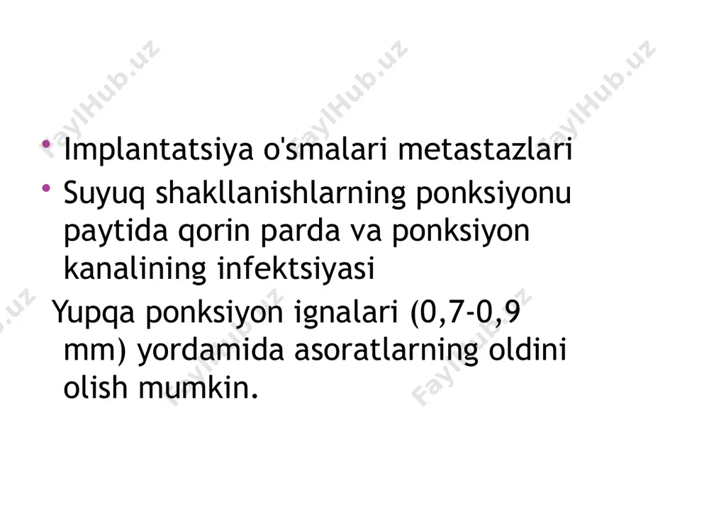 adi: endoskopik. tadqiqot va davolash optik asbob – endoskop yordamida amalga oshiriladi. u tanaga tabiiy teshiklar orqali kiritiladi: og'iz bo'shlig'i, quloq, burun, tomoq, anal teshik. zamonaviy uskunalar yuqori sifatli vizualizatsiyani ta'minlaydi. shifokor asboblarni manipulyatorlar yordamida boshqaradi, ularning harakatlarini ekranda aniq kuzatib boradi. laparoskopik. bu kichik prokollar orqali amalga oshiriladigan ichki organlardagi operatsiyalar. operatsiyaning borishini kuzatish uchun kerakli vositalar va videokamera teshiklarga kiritiladi. operatsion makonni kengaytirish uchun karbonat angidrid ishlatiladi. laparoskopik usul ginekologik va urologik kasalliklarni, oshqozon-ichak trakti patologiyalarini va saratonning ayrim turlarini davolaydi. yo'naltiruvchi igna lümeni orqali (nafasni ushlab turish fonida) nayzaga o'xshash harakatlar bilan hosil bo'lgunga qadar ponksiyon ignasi o'tkaziladi. keyin sayoz nafas olishga ruxsat beriladi, mandrin chiqariladi va tarkibi aspiratsiya qilinadi. bemor uchun ortiqcha xavf tug'dirmasligi kerak juda aniq va takrorlanuvchan bo'lishi kerak to'g'ri tashxis qo'yish uchun sitologik, gistologik va bakterial tekshiruv uchun etarli materialni taqdim etishi kerak soliter va ko'p kistalar d 50 mm - chp soliter …