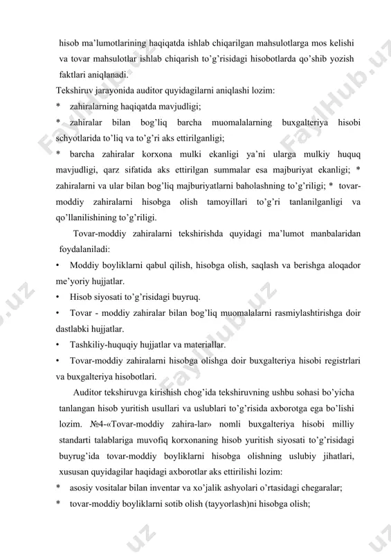 ar haqidagi axborotlar aks ettirilishi lozim: · asosiy vositalar bilan inventar va xo’jalik ashyolari o’rtasidagi chegaralar; · tovar-moddiy boyliklarni sotib olish (tayyorlash)ni hisobga olish; · tovar-moddiy boyliklarni ularning turlari bo’yicha hisobdan o’chirish chog’ida baholash usullari. mijoz-korxona rahbariyati, u yoki bu hisob yuritish tamoili moliyaviy natijaga ta’sir qilishini bilsada, hisob siyosatiga kiritilgan ma’lumotlarning zarurligiga ko’p hollarda etarli ahamiyat bermaydi. mana shuning oqibatida har xil qoidabuzarliklar kelib chiqadi. ulardan eng ko’p tarqalgani tanlangan hisob yuritish usullariga yoki ularni qo’llashda izchillikka rioya qilinmasligi hisoblanadi. tovar-moddiy zahiralarni hisobga olishda qo’llaniladigan dastlabki hujjatlar shakllari korxonadagi moddiy qiymatliklarning turlari va guruhlariga bog’liq. qo’llaniladigan dastlabki hujjatlarda barcha zarur rekvizitlar bo’lishi shart. bunday dastlabki hujjatlarga quyidagilar kiradi: moddiy qiymatliklarni olish uchun ishonchnomalar, kirim orderlari, materiallar, inventar va xo’jalik ashyolarini kirimga olish va hisobdan o’chirish dalolatnomalari, limit-zabor kartalari, talabnoma-nakladnoylar, tovar-transport nakladnoylari, ombor hisobi kartochkalari yoki daftari. tashkiliy-huquqiy hujjatlar va boshqa ma’lumot manbalariga quyidagilar kiradi: · korxona rahbarining buyrug’i (yoki …