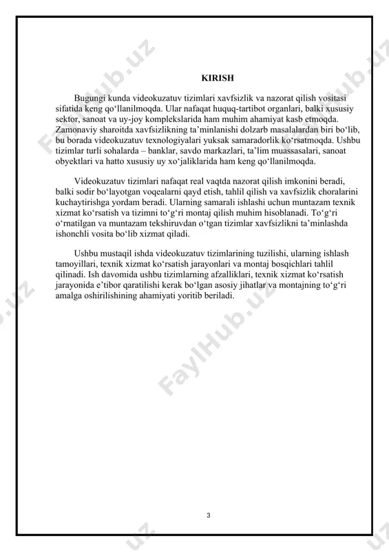 va sun’iy intellekt bilan ishlash – ba’zi ilg‘or tizimlar odam yuzini aniqlash, transport vositalarining raqamlarini skanerlash va harakatni aniqlash kabi funksiyalarga ega. favqulodda vaziyatlarni aniqlash – videokuzatuv tizimlari yong‘in, zo‘ravonlik, o‘g‘irlik kabi favqulodda vaziyatlarni aniqlash va tezkor choralar ko‘rish imkoniyatini beradi. ish samaradorligini oshirish – ish joylarida videokuzatuv tizimlari xodimlarning faoliyatini nazorat qilish va ularning samaradorligini oshirishda yordam beradi. ilk videokuzatuv tizimi 1930-yillarda televideniye ixtiro qilinishi bilan birga paydo bo’lgan . 1990-yillargacha analitik videokuzatuv tizimlarida videotasvirlar faqat qayta kurish uchun yozib olingan va ular real vaqitda monitorlarda kuzatilib borilgan. bunday tizim amaliyotda birinchi marta 1941 yilda nemis elektrotexnigi valter brux tomonidan “fau-2” raketasini uchirish poligonida o’rnatilgan. video yozish qurilmasi paydo bulgandan keyin, 1951 yillardan boshlab tasvirlar magnit lentalarga yozila boshlangan. signallarni raqamli qayta ishlash usullarining rivojlanishi, analog-raqamli o’zgartirgich qurilmalarining yaratilishi va yuqori unumli hisoblash mashinalarining paydo bo’lishi 20-asrning oxirida videokuzatuv avtomatlashtirilgan taxlil qilish tizimlari yaratilishiga asos bo’ldi. videokuzatuv tizimi nodir …