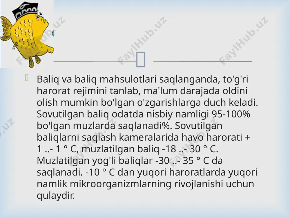 darajada barqaror emas va hatto saqlash harorati -30 ° gidroliz va rancidlash bilan to'xtamaydi.   baliq terisida yog 'eriydigan sariq yoki qizil rangdagi moddalar - karotenoidlar teri osti to'qimalariga yaqin bo'lgan qatlamda joylashgan bo'lib, unda yog' ko'plab baliq turlariga to'planadi. teri osti yog 'qatlamiga o'tgan karotinoidlar yaxshi saqlanib qolgan, shuning uchun muzqaymoq baliqlarida teri osti sarg'ayishi ko'p oylar davomida saqlanib qoladi, teri ostiga sovutilgan sarg'ish ko'rinmaydi, chunki bu holda terining protein-karotinoid kompleksini yo'q qilish uchun hech qanday sharoit yo'q va teri karotenoidlarining yog 'sinfi qatlamiga o'tishi yo'q.  teri osti sarg'ayishi, oksidlovchi buzilishdan farqli o'laroq, baliq mahsulotlarining sifatini baholashda e'tiborga olinishi kerak bo'lgan baliqning ta'mi va ozuqaviy qadr-qimmatini yomonlashtirmaydi. -10 ° c dan yuqori haroratlarda yuqori nisbiy namlik mikroorganizmlarning rivojlanishi uchun qulaydir va sovutilgan baliq mahsulotlarini saqlashda buni hisobga olish kerak. sovutilgan baliq odatda muzlikda, nisbiy namlikda 95-100%, sovutilgan baliq mahsulotlari 75-80%, havo to'yinganlik holatiga yaqin nisbiy namlikda muzlatiladi. …