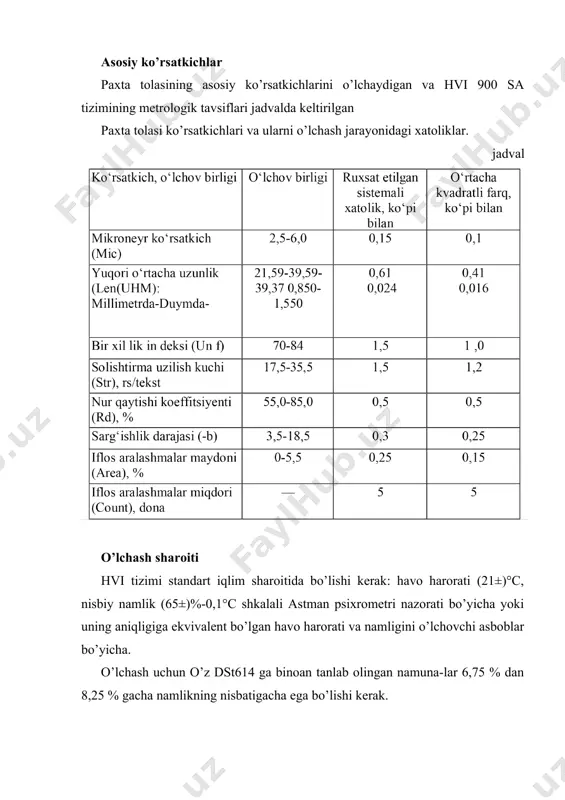 ladi, kameraning qopqog’i yopiladi, so’ngra avtomatik ravishda o’lchov o’tkaziladi. o’lchov tugagandan keyin qopqoq ochilib, namuna kamera ichidan siqib chiqariladi. monitorda mikroneyr (mic) ko’rsatkichi paydo bo’ladi. agar mikroneyr ko’rsatkichi 2,0 dan past yoki 7,0 dan yuqori bo’lsa, monitorda «nedopustimiy mikroneyr» («noma’qul mikroneyr») degan yozuv paydo bo’ladi. bunday holatda o’lchash amali qaytadan bajariladi. rang va ifloslanganlik ko’rsatkichlarini o’lchash. paxta tolasining rang ko’rsatkichi hvi 900 sa tizimining darcha oynasi yuzasiga siqilgan paxta tolasi namunasi yuzasidan qaytgan nurni o’lchash bilan aniqlanadi. tola yuzasidan qaytgan nur orqali fotodiod va nur filtrlari yordamida nur qaytish koeffitsiyenti (rd) va tola rangining sariqlik darajasi (+b) aniqlanadi. o’lchangan rd va +b ko’rsatkichlari bo’yicha hvi tizimining kompyuteri paxta tolasining universal tola standartlari klassifikatsiyasi tizimiga ko’ra rang bo’yicha navini, o’rta tolali upland yoki uzun tolali pima tiplarini aniqlaydi. tolaning rang ko’rsatkichini aniqlash jarayonida namuna yuzasidagi iflos aralashmalar maydonini o’lchash yo’li bilan paxta tolasining iflosligi aniqlanadi. iflos aralashmalar maydoni (area) va miqdori …