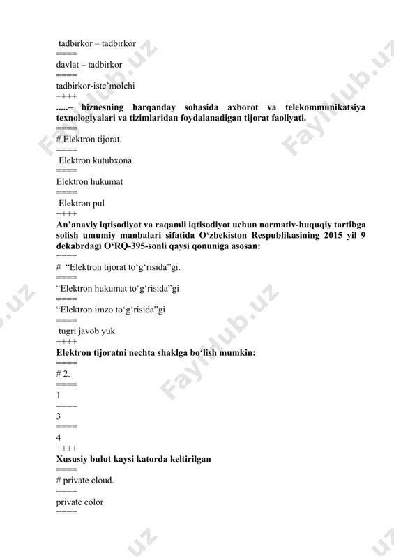 ish va holatini monitoring qilish aqlli buyumlar o`z egalariga axborat berib turish mumkin ==== internet aloqasini nazorat qiluvchi kompaniya ++++ yait ning asosiy tamoilini ko`rsating? ==== # iqtisodiyotning real sektorida tashkiliy texnologik jarayonlarini va ularning uslublari va turli axborot kanallarini birlashtirish ==== loyihalarni amalga oshirishda venchur moliyalashtirish tizimiga keng yo`l ochish ==== raqamli iqtisodiyotda biznes vakillarining zamonaviy muomolarini nisbatan arzon,tezkor qulay manba ==== masofadan foydalanish va holatini monitoring qilish aqlli buyumlar o`z egalariga axborat berib turish mumkin ++++ bluetooth so’zining manosi? ==== # ko’k tish ==== simsiz aloqa tarmogi ==== provodli texnologiya ==== raqamli texnologiya ++++ mobil internet deganda nimani tushunasiz? ==== # enternet resurslaridan foydalanish texnologiyasi ==== shaxsiy pochta xizmatidan foydalanish texnologiyasi ==== wel dasturi xizmatidan foydalanish texnologiyasi ==== raqamli texnologiya ++++ gov.uz nima? ==== # o‘zbekiston respublikasi hukumat portali ==== o‘zbekiston respublikasi tovar hom-ashyo birjasining to‘lov tizimi ==== jamoat ta’lim axborot tarmog‘i ==== milliy qidiruv tizimi ++++ ziyonet …
