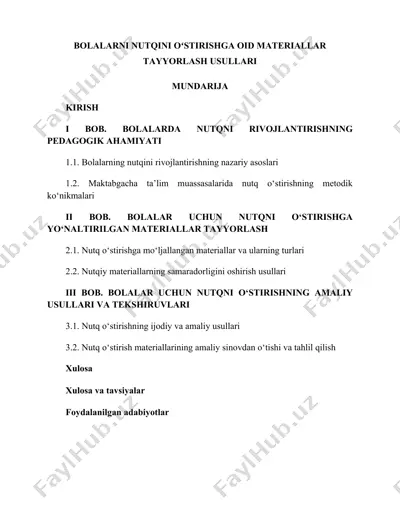 bolalarni nutqini o‘stirishga oid materiallar tayyorlash usullari — DOCX