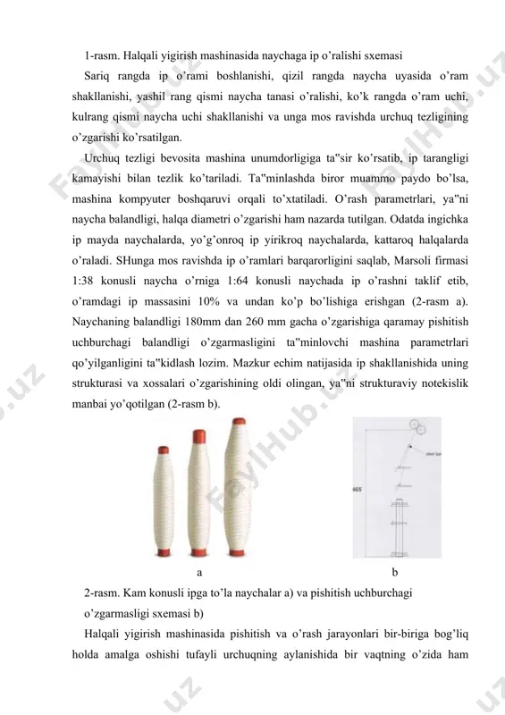 ekisligi kamayadi va sifat kategoriyasi oshishiga erishiladi. buramlar bo’yicha variatsiya koeffitsienti 1% dan kam bo’lib, olinadigan ipning uzish kuchi bo’yicha variatsiya koeffitsienti ham tegishlicha kamayadi. halqali plankaga qo’shimcha yuk osilmaganligi tufayli har xil teranishlar sodir bo’lmaydi va chang hamda iflosliklar to’planmaydi. ip uchi urchuqga o’ralib tiqilmasligi (4-rasm.a) uchun maxsus pichoqda kesiladi va maydalanadi va puflab tozalanadi (4-rasm. b) yoki maxsus qurilmada so’rib olinadi((4-rasm. c). a) b) c) 4-rasm. ip uchi o’ralishi a), kesib tozalangan b), so’rg’ichda tozalash c). ip o’rash jarayoning xususiyati va yangiligi shundaki, o’ramning uyasi sferik ko’rinishga ega bo’lmaydi,lekin keyingi jarayonlarda uya qismi echib olinganda chuvalanib chigallanmaydi. buning boisi shundaki ip uyada maxsus qoida bilan o’raladi. halqali planka blokchaga o’ralgan ip uchini bo’sh naychaning past chekka qismidan 10 mm tashlab, 40 mm masofada katta qadamda 5-10 ta o’ram o’rab, boshlang’ich nuqtaga qaytadi. ip o’ramining uchi, shunday qilib, birinchi o’ramda 40mm masofada qolganligi uchun chuvalanmaydi va chiqindiga ajralmaydi(5-rasm). 5-rasm.bo’sh …