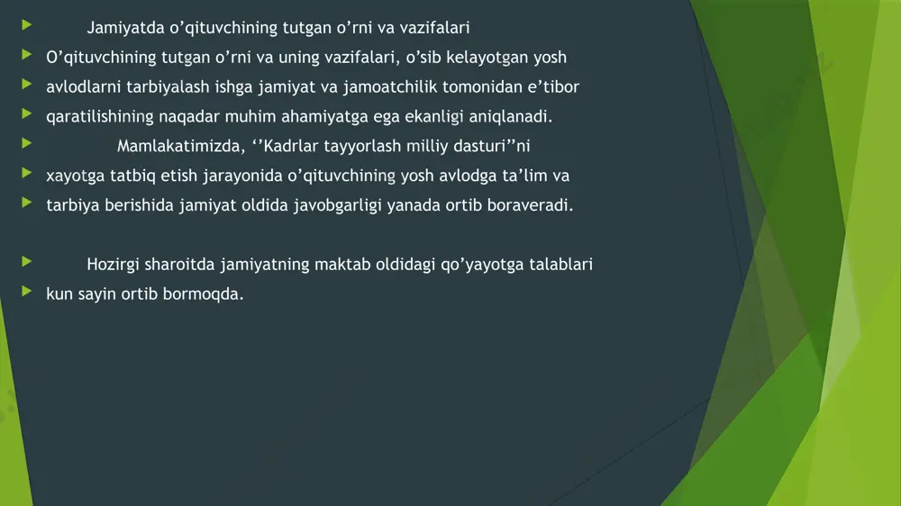 vchilar uchun tushunarsiz bo’ladi degan nuqtai nazarda bo’ladilar. shuning uchun ham bunday o’quvchilar materialning xarakteri va uni bayon etish usullarini alohida o’ylab ko’rib rejalashtiradilar. mana shu qobiliyatlar asosida o’quvchilar psixologiyasiga xos doimiy ustanovka yo’naltirish yotadi. qobiliyatli pedagog o’quvchilarning tayyorlik darajasini ularning taraqqiyot darajasini hisobga olgan holda bolalarning nimani bilishi va nimani bilmasligini allaqachon esdan chiqarganliklarini tasavvur qila oladi. e’tiboringiz uchun raxmat. /docprops/thumbnail.jpeg