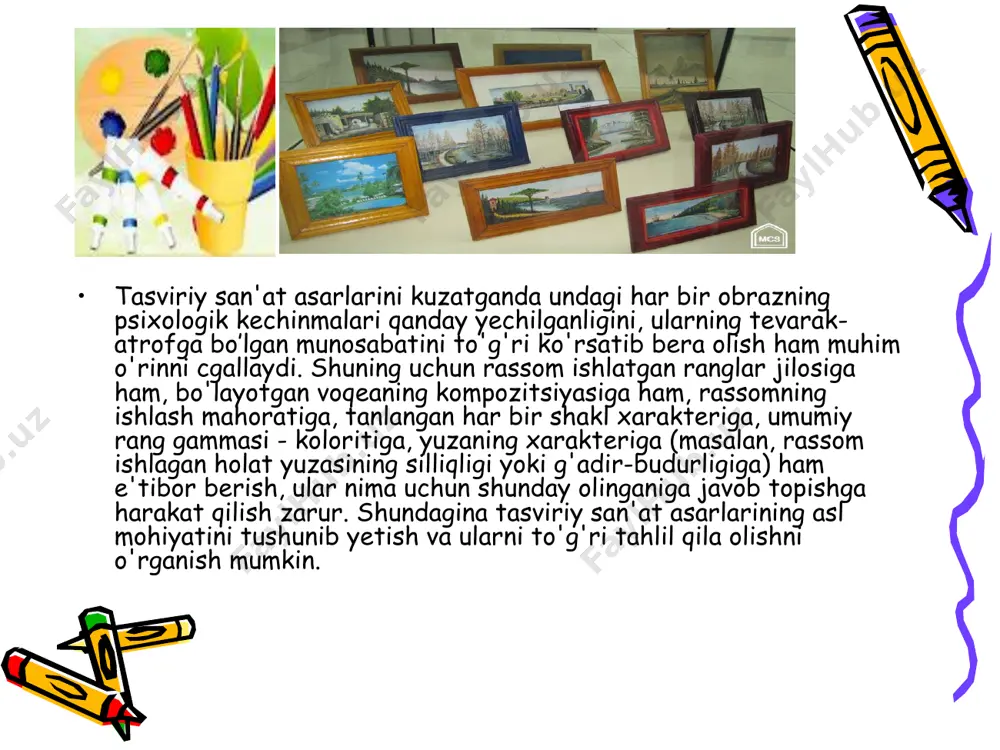 m turlaridan bo`lib, maxsus polotnolarga, devorlarga ishlanadi. tasviriy san`at asarlarida ifodalangan maqsad va mazmunni ochib berishda rang muhim o`rin egallaydi. rangtasvir asarlari xarakteriga ko`ra monumental, dekorativ, mo``jaz, dastgohli turlarga bo`linadi. ma`lumki tasviriy san`atning barcha turlarida rang muhim rol o`ynaydi. rang gammasi deganda tasvirlarni ishlash jarayonida qo`llanadigan tus va ranglarning o`zaro muvofiq kelishini tushunamiz. ular o`z holicha alohida-alohida, bir-biri bilan uyg`unlashtirilmay chalinsa ma`nosiz uzuq-yuluq ovozlardan iborat bo`lib qoladi. tasviriy san'at tushunchasi keng ma'noga ega. tasviriy san'at deyilganda, grafika, rangtasvir, haykaltaroshlik san'ati tushuniladi. me'morchilik va dekorativ-amaliy san'at asarlari ham qisman tasviriy san'atga kiradi. haqiqatda esa ularda mavjud borliq tasvirlanmaydi. lekin bu san'at asarlarida ijodkorning maqsadi, fikri, his-tuyg'ulari, orzu-istaklari o'z aksini topadi. demak, ijodkorning dunyoqarashida ma'lum miqdorda davr ruhi va mazmuni o'z aksini topadi. shu nuqtayi nazardan qaraganda, me'morchilik va amaliy san'at buyumlari ham tasviriy san'at sifatida qaraladi. tasviriy san'atning hamma turlari bir-biriga juda yaqin va ularning bir qator o'xshashliklari bor. lekin shu …