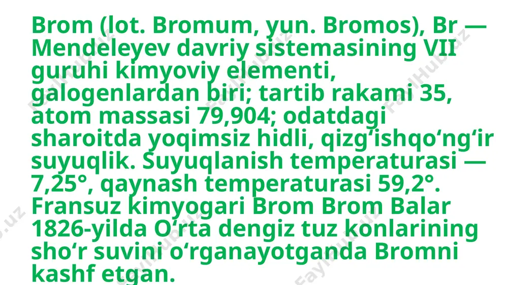 ib, burni qonaydi, boshi ogʻriydi va boshqa kasalliklarga duchor boʻladi. konsentratsiya yuqori boʻlsa, kishi boʻgʻilib qoladi, bronxlari yalligʻlanadi, baʼzan oʻlimga olib boradi. brom bromli tuzlar olishda benzinning detonatsion pishiqligini oshirishda ishlatiluvchi etil bromid hamda dibrometan sintezida qoʻllaniladi. yod, iod (lot. iodum, yun. iodis — binafsha rangli), i — mendeleyev davriy sistemasining vii guruhiga mansub kimyoviy element, galogenlarga kiradi. tartib raqami —53, atom massasi 126,9045. 1811 yilda fransuz kimyogari yod kurtua tomonidan kashf etilgan. tabiiy yod atom massasi 127 ga teng boʻlgan bitta barqaror izotopdan iborat. oksidlanish darajasi — — 1, +1, +3, +5 va +7; elektronga moyilligi —3,08 ev. yod tarqoq element, minerallaridan — yodargarit agl, lautarit sa(yu3)2 lar tarkibida, magma va choʻkma togʻ jinsida uchraydi. yod togʻ jinslaridan suv taʼsirida yuvilib ajraladi va organizmlarda yigʻiladi. mac, suv oʻtlarida (ularning kulida) yod miqdori 0,5% gacha boʻladi. yod ning asosiy manbai okean suvlaridir (1l suvda oʻrtacha 5-10~5 g). yod organik moddalarda …