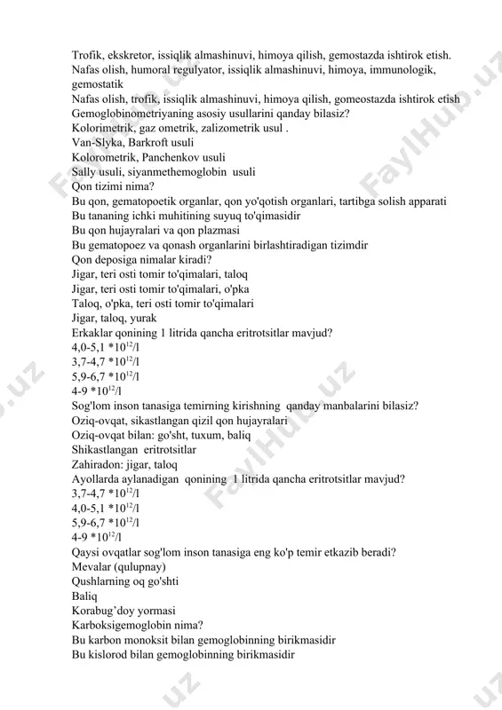 igar, teri osti tomir to'qimalari, o'pka taloq, o'pka, teri osti tomir to'qimalari jigar, taloq, yurak erkaklar qonining 1 litrida qancha eritrotsitlar mavjud? 4,0-5,1 *1012/l 3,7-4,7 *1012/l 5,9-6,7 *1012/l 4-9 *1012/l sog'lom inson tanasiga temirning kirishning qanday manbalarini bilasiz? oziq-ovqat, sikastlangan qizil qon hujayralari oziq-ovqat bilan: go'sht, tuxum, baliq shikastlangan eritrotsitlar zahiradon: jigar, taloq ayollarda aylanadigan qonining 1 litrida qancha eritrotsitlar mavjud? 3,7-4,7 *1012/l 4,0-5,1 *1012/l 5,9-6,7 *1012/l 4-9 *1012/l qaysi ovqatlar sog'lom inson tanasiga eng ko'p temir etkazib beradi? mevalar (qulupnay) qushlarning oq go'shti baliq korabug’doy yormasi karboksigemoglobin nima? bu karbon monoksit bilan gemoglobinning birikmasidir bu kislorod bilan gemoglobinning birikmasidir bu karbonat angidrid bilan gemoglobinning birikmasidir bu azot bilan gemoglobinning birikmasidir quyidagi suyuqliklar ichki muhitga kirmaydi: ovqat hazm qilish shirasi. qon; limfa; hujayralararo suyuqlik; fibrinogen konsentratsiyasi qanday? 2-4 g / l 1-2 g / l 4-6 g / l 6-8 g / l kattalardagi qonning yopishqoqligi qanday? 5 atrofida 1 …