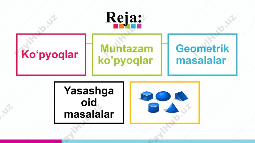 r (yunoncha: ikosi — yigirma; hedra — yoq, asos) — beshta muntazam koʻpyoqning biri; uning -- ta uchburchakli yoqdari, -- ta uchi va -- ta qirrasi bor; bu qirralarning har beshtasi bitta uchda uchrashadi. dodekaedr (yun. dodeka — oʻn ikki va hedra — tomon) — oʻn ikki yoqli geometrik shakl. muntazam koʻp yoqlilarning besh turidan biri. muntazam d.ning -- yogʻi, -- uchi va -- qirrasi boʻladi. 8 diyora qog’ozdan quti yasamoqchi. chap tarafdagi qaysi shakllardan o’ng tarafdagi qutini yasash mumkin. masala (dunyo bo’yicha o’rtacha 63%, yaponiya 80% , tayvan 75%, singapur 78%, rossiya 68%) masalalar yechishning tarbiyaviy ahamiyati aqliy rivojlanishiga katta ta’sir ko‘rsatadi tasavvurni kengaytiruvchi faktlar bilan tanishadilar tahlil etish, taqqoslash, umumlashtirish va abstrakt farqlash ko‘nikmalarini shakllantiradi tafakkurni o‘stiradi 10 boshlang‘ich sinflarda matematik savodxonlikni oshirish o‘quvchi masala yechishda bajara olishi lozim talablar: masalani o‘qib tushunishi, unda tasvirlangan holatni ko‘z o‘ngida gavdalantira olishi masala matnini tahlil qilib uni yechish uchun arifmetik …