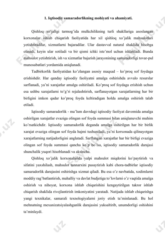 ahalliy va davlat budjetiga to’lovlarni o’z vaqtida amalga oshirish va nihoyat, korxona ishlab chiqarishini kengaytirilgan takror ishlab chiqarish shaklida rivojlantirish imkoniyatini yaratadi. natijada ishlab chiqarishga yangi texnikalar, samarali texnologiyalarni joriy etish ta’minlanadi. bu hol mehnatning mexanizatsiyalashganlik darajasini yuksaltirib, unumdorligi oshishini ta’minlaydi. demak, iqtisodiy samaradorlikning o’sishi korxonalarning ham, davlatning ham iqtisodiyoti yuksalishi negizidir. shuning uchun bu masalaga respublikamizda alohida e’tibor berilmoqda. respublikamiz hukumati tomonidan qishloq xo’jalik korxonalari faoliyatining samaradorlogini oshirishga katta e’tibor qaratilmoqda. jumladan, ularga kredit olishda, soliqlar to’lashda imtiyozlar yaratilmoqda, chet el investitsiyalarini jalb etishda yordam ko’rsatilmoqda. bularning barchasi korxonalar faoliyatining iqtsodiy samaradorligi yuksalishini ta’minlashga qaratilgandir. buning uchun korxonalar o’z faoliyatlari bilan bog’liq bo’lgan huquqiy, tashkiliy, texnologik hamda iqtisodiy tadbirlarni o’z vaqtida va sifatli o’tkazishlari zarur. 2. qishloq xo’jaligida iqtisodiy samaradorlikni tavsiflovchi ko’rsatkichlar va ularni aniqlash tartibi. iqtisodiy samaradorlikka baho berishda mutlaq va nisbiy ko’rsatkichlardan foydalaniladi. o’zbekiston respublikasi vazirlar mahkamasinining 1999-yil 5-fevraldagi 54-sonli qarori bilan tasdiqlangan “mahsulot (ishlar, xizmatlar) ishlab …