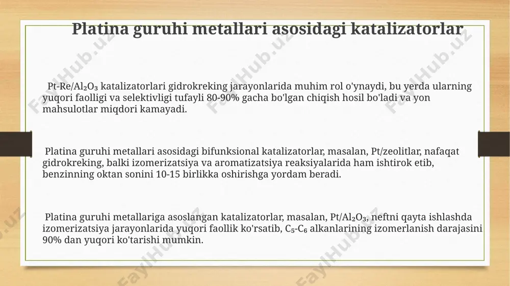 °s haroratlarda faol bo'ladi. neftni qayta ishlashda ishlatiladigan katalizatorlarning asosiy turlari orasida alyuminiy oksidi (al₂o₃) asosidagi, silika-alyuminiy (sio₂-al₂o₃) va tseolitlar kabi turli xil metallar (pt, pd, ni) bilan modifikatsiyalangan 100 dan ortiq turdagi katalitik materiallar mavjud. gidrotreatment jarayonlarida, masalan, gidrokreking va gidrodesulfurizatsiyada, nikel (ni) va molibden (mo) sulfidlarining qo'shilishi bilan tayyorlangan yuqori samarali katalizatorlar 350-450°s haroratlarda qo'llaniladi. katalizatorlarning tanlanishi va optimallashuvi katalizator tanlashda faol metallarning (masalan, pt, pd, ni) miqdori va ularning tashuvchiga nisbati 0,1% dan 5% gacha o'zgarib, reaktsiya samaradorligiga sezilarli ta'sir ko'rsatadi. optimal katalizatorni tanlashda, 300-500°c harorat oralig'ida va 10-50 atm bosimda ishlash sharoitlari muhim rol o'ynaydi, bu esa katalitik konversiya darajasini belgilaydi. katalizatorning ishlash muddatini uzaytirish va regeneratsiya jarayonlarini optimallashtirish uchun, 10-20% gacha bo'lgan qo'shimcha komponentlar (promotorlar) qo'shiladi, bu esa katalizatorning faolligini va selektivligini oshiradi. e'tiboringiz uchun rahmat @taqdimot_robot image3.png image4.png