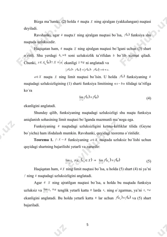 tor-funksiyalari va ularning uzluksizligini o`rganishga bag`ishlangan. 5-§ da da topologik fazolarda uzluksiz funksiyalar o`rganiladi. i bob. r da uzluksiz funksiyalar 1-§. bir haqiqiy o‘zgaruvchining haqiqiy funksiyasining nuqtadagi uzluksizligi nuqtadagi uzluksizlik ta’riflari dastlab nuqtaning ( dagi) atrofi tushunchasini eslaylik: . biror sonli to`plam, ya’ni va funksiya berilgan bo`lsin. agar 1) 2) (1) bo`lsa, qaralayotgan funksiya nuqtada uzluksiz deb ataladi. bu ta’rif funksiya nuqtadagi uzluksizligining « » tilidagi (yoki koshi bo`yicha) ta’rifi deyiladi. uzluksizlik ta’rifidagi 2) shartni quyidagicha ham ifodalash mumkin. 21) (yoki so`zlar bilan: nuqtaning ixtiyoriy atrofi uchun nuqtaning shunday atrofi topiladiki, bu atrofning dagi barcha nuqtalari ning nuqtalariga akslanadi). nuqta uchun quyidagi ikki holdan bittasi o`rinli: cheksiz to`plam (2) bitta elementdan iborat (3) haqiqatan ham, agar birinchi hol o`rinli bo`lmasa, nuqtaning shunday atrofida ning chekli sondagisi (cheklita) nuqtalari mavjud bo`ladi. bu turli nuqtalarni ( ta nuqta) bilan belgilab, deylik. ravshanki, lar musbat va agar desak, va bo`ladi, ya’ni (3) hol …