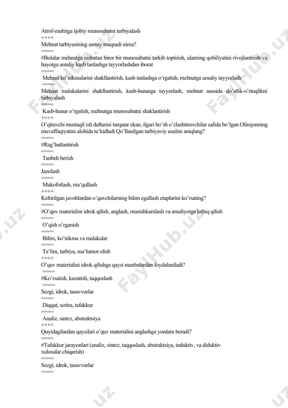 an obod vatan qolsin ==== ogohlikka da‘vat ==== vatan sajdagoh kabi muqaddasdir ++++ abu nasr forobiy qaysi asarida komil inson tarbiyaviy sifatlarini ko’rsatib bergan? ==== #fozil odamlar shahri ==== musiqa haqida katta kitob ==== qonuni mas‘uriy ==== «metofizika»ga sharx ++++ abu nasr forobiy qachon va qaerda tug’ilgan? ==== #milodiy 873 yilda toshkent yaqinidagi forob qishlog’ida ==== milodiy 870 yilda xirotda ==== milodiy 870 yilda farg’onada ==== xijriy 320 yilda buxoroda ++++ qadimgi xorazmda qanday din va ma‘rifiy yodgorlik vujudga kelgan? ==== #zardushtiylik dini va «avesto» ==== moniylik dini ва «avesto» ==== kubraviya va «xadis» ==== naqshbandiya ta‘limoti va «qur‘on» ++++ ibn sinoning bolaga ta‘lim-tarbiya berishga doir fikrlari bayon etilgan asarlarini aniqlang? ==== #«tib qonunlari», «tadbiri manozil», «donishnoma» ==== «tib qonunlari», «xidoyat» ==== «kitob-al qonuni fit-tib», «kulunj» ==== «donishnoma», «risolatul tayr» ++++ ibn sino tavsiya etgan ta‘limni tashkil etish shaklini aniqlang? ==== #jamoa tarzida ==== yakka tarzda ==== qo’rqitish vositasida ==== …