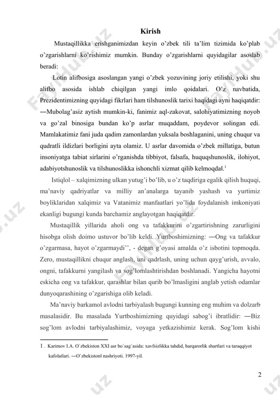 gicha hayotni eskicha ong va tafakkur, qarashlar bilan qurib bo’lmasligini anglab yetish odamlar dunyoqarashining o’zgarishiga olib keladi. ma’naviy barkamol avlodni tarbiyalash bugungi kunning eng muhim va dolzarb masalasidir. bu masalada yurtboshimizning quyidagi sabog’i ibratlidir: ―biz sog’lom avlodni tarbiyalashimiz, voyaga yetkazishimiz kerak. sog’lom kishi deganda, faqat jismoniy sog’lomlikni emas, balki, sharqona axloq-odob va umumbashariy g’oyalar ruhida kamol topgan insonni tushunamiz‖. sharqona odob- axloq va umumbashariy g’oyalarni ongiga singdirib olgan kishi yuksak ma’naviyatli, ya’ni ma’naviy barkamol, komil inson hisoblanadi. ma’naviy barkamollik insonning dunyoqarashi, e’tiqodi, ruhiyati, xulq-atvor normalari, axloq-odobi bilan bevosita aloqadorligi orqali ajralib turadi. ma’naviy barkamol kishilar xalq taqdiri va farovonligi, vatan taqdiri va uning ravnaqini o’ylaydilar. ma’naviy barkamol inson shon-shuhrat, mansab, moddiy boylik ketidan quvmaydi, moddiy qiyinchiliklar duch kelganda qaddi bukilmaydi. xalqimizning boshidan kеchirgan fojiali o’tmishi, uning tilimiz, dinimiz, ma'naviyatimizga solgan xavfi bizdan tarixni anglash va ogohlikni talab etadi. prezidentimizning ‖o’z tarixini bilmaydigan, kechagi kunini unutgan millatning kelajagi yo’q‖[footnoteref:2], - degan …