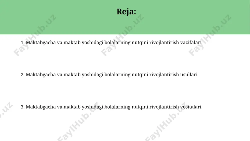 buzilishlar (tovush almashinuvi, tovushlarni noto'g'ri talaffuz qilish) 60% gacha bo'lgan maktabgacha yoshdagi bolalarda uchraydi va artikulyatsion gimnastika, logopedik mashqlar yordamida tuzatiladi. o'yinlar orqali nutqni rivojlantirish o'yinlar orqali 5-7 yoshli bolalarning so'z boyligini 20% ga oshirishga qaratilgan didaktik o'yinlar, masalan, "so'zlar zanjiri" yoki "kim ko'proq so'z aytadi?" kabi o'yinlar samarali hisoblanadi. ro'yxatdagi 10 ta rasmni nomlash yoki tavsiflash orqali bolalarning tafakkurini va nutqini rivojlantirish, ularning lug'at zahirasini boyitadi va grammatik tuzilmalarni tushunishini yaxshilaydi. maktabgacha va o'rta yoshdagi bolalarning nutqini rivojlantirish usullari maktabgacha yoshdagi bolalarda fonetik eshitishni rivojlantirish uchun 3-5 yosh oraligʻida ritmik mashqlar, she'rlar yodlash va artikulyatsion gimnastika kabi usullar samarali hisoblanadi. o'rta yoshdagi bolalarning grammatik jihatdan to'g'ri gapirish ko'nikmasini shakllantirish uchun hikoya tuzish, rol o'ynash o'yinlari va so'z birikmalari bilan ishlash usullaridan foydalanish tavsiya etiladi. e'tiboringiz uchun rahmat @taqdimot_robot image1.jpg image2.jpg image3.jpg image4.jpg image5.jpg image6.jpg