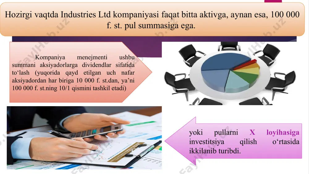 a qarzni to‘lash summasi 12 000 f. st.gacha o‘sishi uchun o‘ziga qulay vaqtda bankdan ssuda olishi mumkin. birinchi olti oy mobaynida unga pullar kerak emasligi tufayli unga faqat ikkinchi yarim yillikda qarz olishi yetarli bo‘ladi. qarz summasi 11 429 f. st.ni tashkil etadi [12 000 f. st. x 100/(100+5)]. agar kompaniya x loyihasini rad qilsa, missis stedi esa o‘z pullarini bankka olti oyga qo‘ysa, summa faqat 10 500 f. st.gacha ko‘payadi [10 000 f. st. + (10 000 f. st. x 1/2 x 10%)]. tushunarli, agar x loyihasi qabul qilinsa, uch nafar investorning har biri qachon sarflash istagidan qat’i nazar ko‘proq pul oladi. bu kompaniyaning boshqa aksiyadorlariga ham tegishlidir. aksiyadorlar yakdillik bilan x loyihasini amalga oshirish uchun ovoz beradilar. кичик бизнес ва тадбиркорлик корхоналарини ташкил этиш тартиби таъсисчилар таркибини аниқлаш ва таъсис ҳужжатларини ишлаб чиқиш корхонани ташкил этиш ва унинг фаолияти ҳақида таъсисчилар томонидан шартнома тузиш корхона низомини тасдиқлаш ва …
