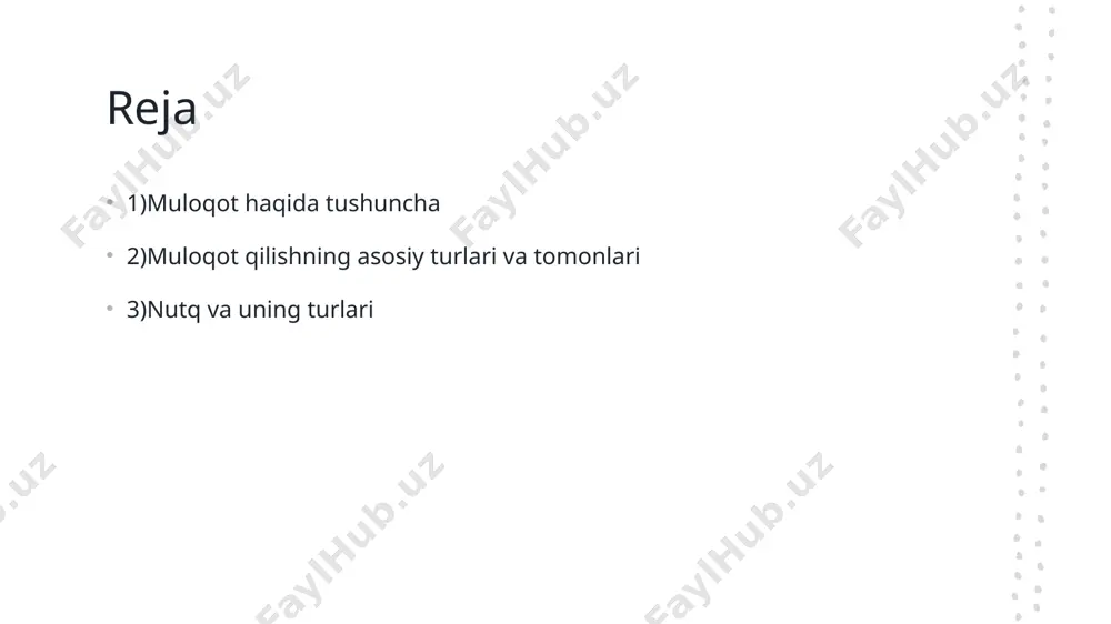 , muloqotda qatnashuvchining fikrini, hissiyatlarini va fikrlarini e'tibor bilan eshitishni anglatadi. uchrashuv uchrashuv, boshqa insonlarga qarshi turli muloqot turlarida o'z fikrini ifodalash usuli. bu o'z fikrlarini boshqalarga yetkazishning eng samarali usuli. digital muloqotning to'rt turi. digital muloqotning to'rt turi shu jumladan iborat: elektron pochtalar, ijtimoiy tarmoqlar, videomuloqot, va onlayn konferensiyalar. ular kompyuterlar, smartfonlar, va internet orqali amalga oshiriladi. photo by noizy bull on unsplash muloqotning madaniy boyliklari. tarixiy muloqotning boyliklari san'at muloqotning rivojlanishi ma'naviy muloqotning o'ziga xosliklari tarixiy muloqotning madaniy boyliklari uning davrining insonlar o'rtasida o'zaro muloqotning shakllanishida o'z ahamiyatini ko'rsatadi. san'at muloqotning madaniy boyliklari shaxsiy ifoda usullari, musiqa, rassomlik va boshqalar orqali tarqatiladi, insonlar o'rtasida munosabatlarni kuchaytiradi. ma'naviy muloqotning madaniy boyliklari insonlar o'rtasida umumiy manaviy qadriyat, ro'yobga chiqish, aql va his-tuyg'ularning bir-biriga etkisi va o'ziga xosligi bilan bog'liqdir. nutqning turlari va ularga misollar 1 verbal nutqning verbal turida gaplashuv, nutqda izohlar, so'zlar va til o'z ifodalari orqali olib boriladi. …
