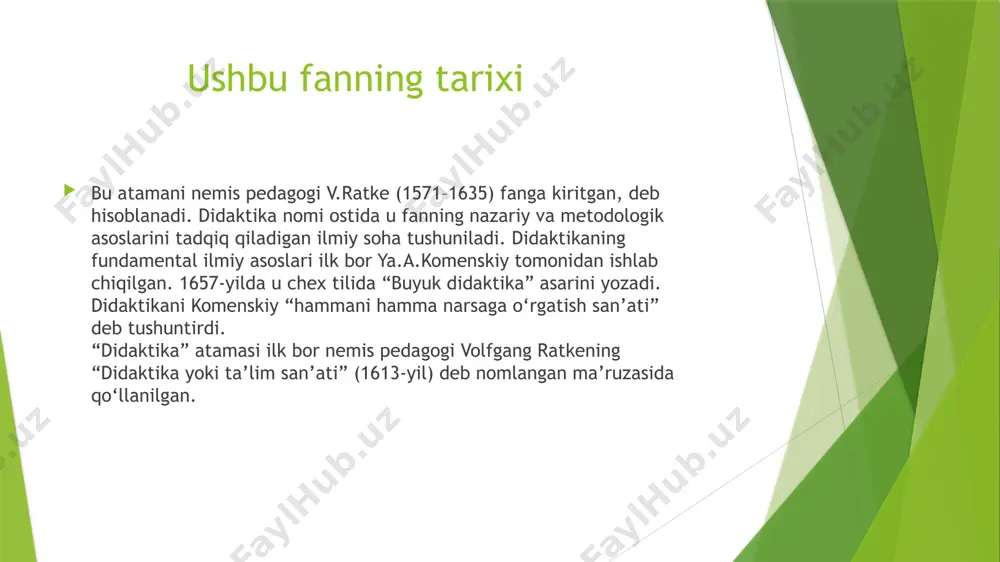 susiyati, eng avvalo, ta’lim mazmunida aks etadi. o‘qitish jarayonida tarbiyaning ikkinchi omili o‘qituvchi va tahsil oluvchilarning munosabatlari, sinfdagi psixologik muhit, o‘qish jarayoni ishtirokchilarining o‘zaro munosabatlari, tahsil oluvchilarning idrok etish faoliyatlariga o‘qituvchining rahbarligi hisoblanadi. rivojlantirish vazifasi o‘qitishning rivojlantiruvchi vazifasi – tahsil oluvchining fkrlashi, shaxsning sensorli va harakatlanish sohalari, emotsional-irodaviy, intellektual sohalarini rivojlantirishda o‘z aksini topadi. o‘qitish jarayonida tahsil oluvchini aqliy rivojlantirish, aqliy faoliyat usullari, analiz qilish, taqqoslash, tasniﬂash, kuzatish, xulosa chiqarish, obyektlarning muhim belgilarini ajrata bilish, faoliyat maqsadi va usullarini aniqlashni bilishga o‘rgatish, uning natijalarini tekshirish malakasini rivojlantirishga erishiladi o’qitish jarayoni bosqichlari o‘qitish jarayoni 4 ta asosiy bosqichdan iborat: 1) o‘zlashtirilishi lozim bo‘lgan materialni idrok etish; 2) uni fahmlab olish, tushunchalarning hosil bo‘lishi; 3) bilimlarni mustahkamlash va takomillashtirish, ko‘nikma va malakalarning hosil bo‘lishi; 4) hosil qilingan ko‘nikma va malakalarni amaliyotda qo‘llash (kompetensiyalarni tarkib toptirish) ta’lim tamoyillari ta’limning tabiat bilan uyg‘unligi tamoyili. ya.a.komenskiy tomonidan fanga kiritilgan bo‘lib, tabiatda hayot bahordan boshlangani kabi …