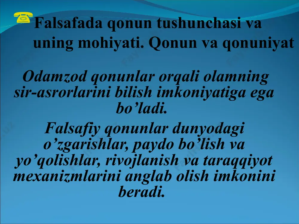 tga ega bo’lishi bilan birga ular o’rtasidagi kurash mutloqdir. davr o’tishi bilan kurashning ba’zi aniq shakllari yo’qolishi mumkin, ammo qarama-qarshi tomonlar o’rtasidagi kurash doim bo’lgan va bo’laveradi. inkorni inkor qonuni inkorni inkor qonuniga muvafik ob’ektiv voqelikdagi narsa va hodisalarning rivojlanishi jarayonida eskining yangi tomonidan inkor qilish ro’y beradi. biroq, eskilik butunligicha inkor qilinmay, undagi ijobiy tomonlar saqlanib qolinadi. eski yangi арастунинг «метафизика» «категориялар» номли асарларида фалсафий категориялар ишлаб чиқилган. категория юнончадан олинган бўлиб, луғавий маъноси «гувоҳ», «таъриф», «ифодаловчи» демакдир. фалсафий категориялар - объектив мавжудликдаги нарса ва ҳодисаларнинг умумий, муҳим томонларини, хусусиятлари ва муносабатларини акс эттирувчи тушунчадир. фалсафанинг жуфт категориялари оламдаги зиддиятли ва сабабли боғланишлар, ўзаро таъсир ва тақозоларни ифодалайди. категориялар уч туркумга бўлинади. категориялар биринчи туркуми: воқеликнинг энг умумий алоқадорлигини акс эттирадиган категориялар. яккалик, хусусийлик ва умумийлик моҳият ва ҳодиса. категориялар иккинчи туркуми: воқеликнинг тузилишини акс эттирувчи категориялар. мазмун ва шакл бутун ва бўлак, структура элемент система. категориялар учинчи туркуми: …